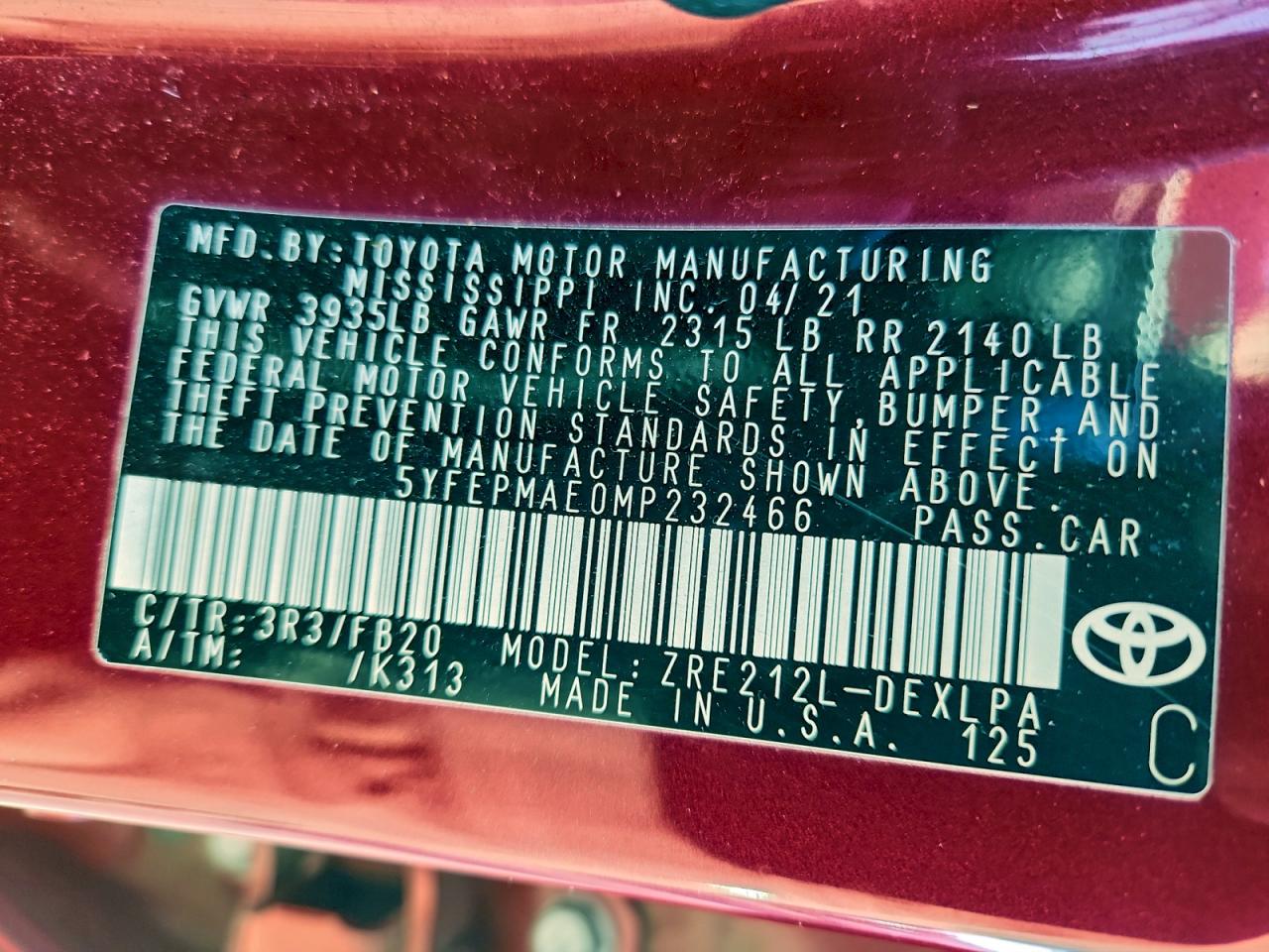 2021 Toyota Corolla Le VIN: 5YFEPMAE0MP232466 Lot: 94545205