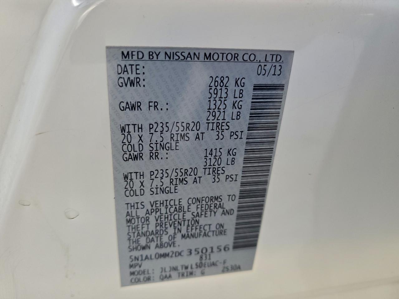 2013 Infiniti Jx35 VIN: 5N1AL0MM2DC350156 Lot: 95723265