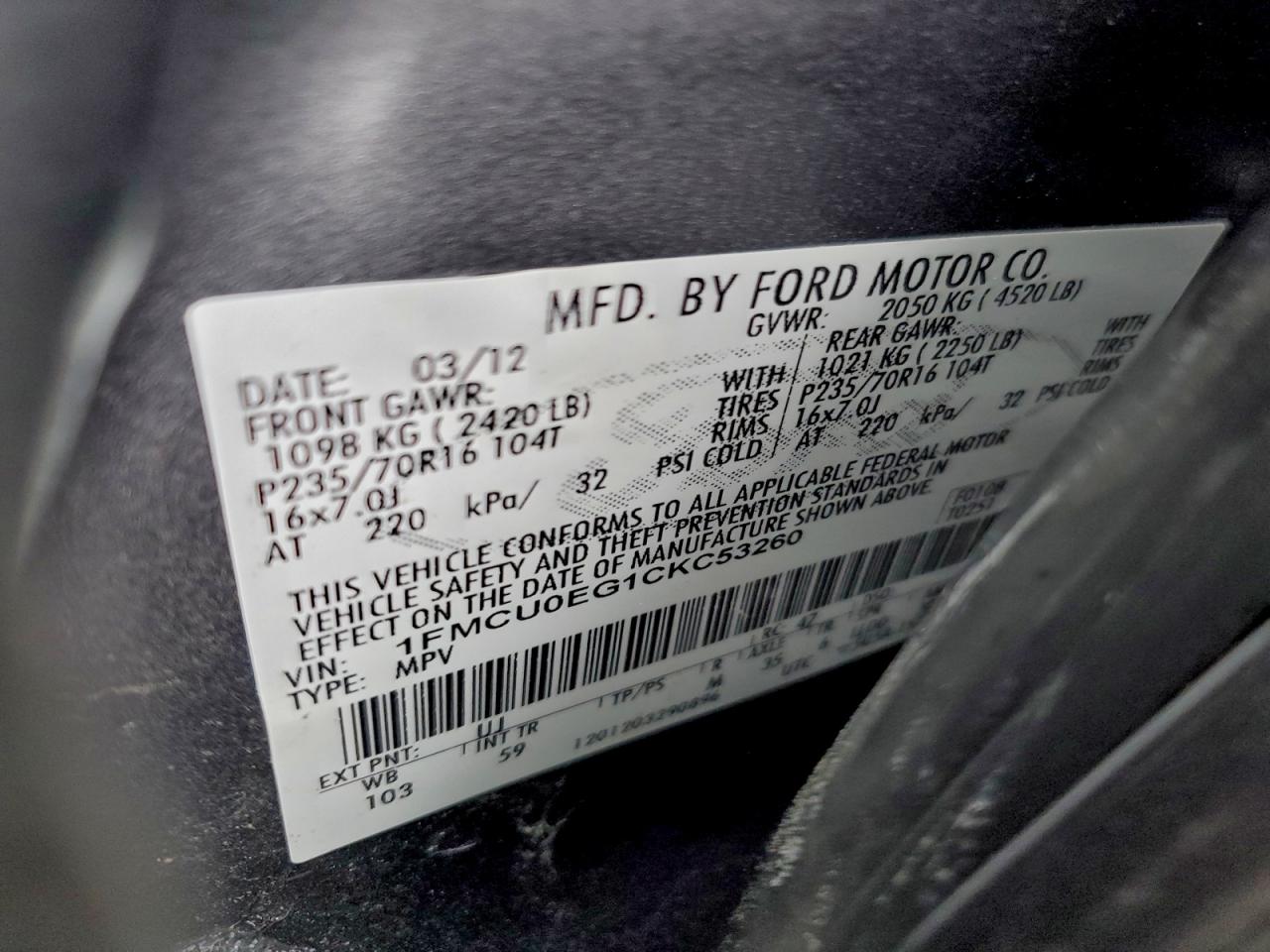 2012 Ford Escape Limited VIN: 1FMCU0EG1CKC53260 Lot: 94903375