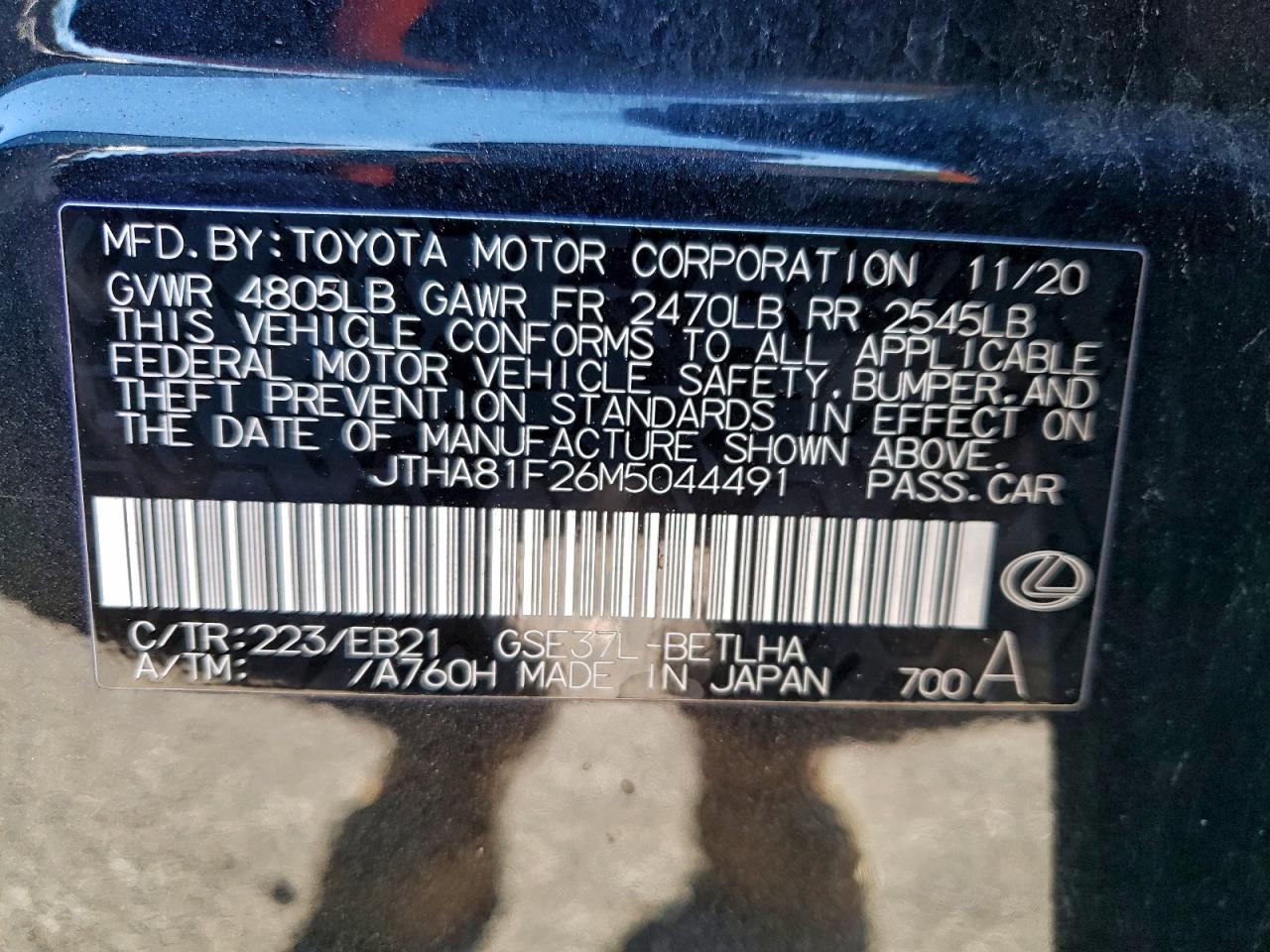 2021 Lexus Is 300 VIN: JTHA81F26M5044491 Lot: 94230975