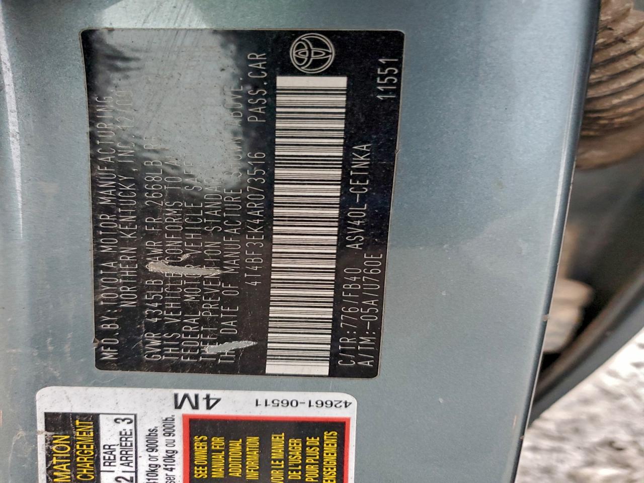 2010 Toyota Camry Base VIN: 4T4BF3EK4AR073516 Lot: 96781195