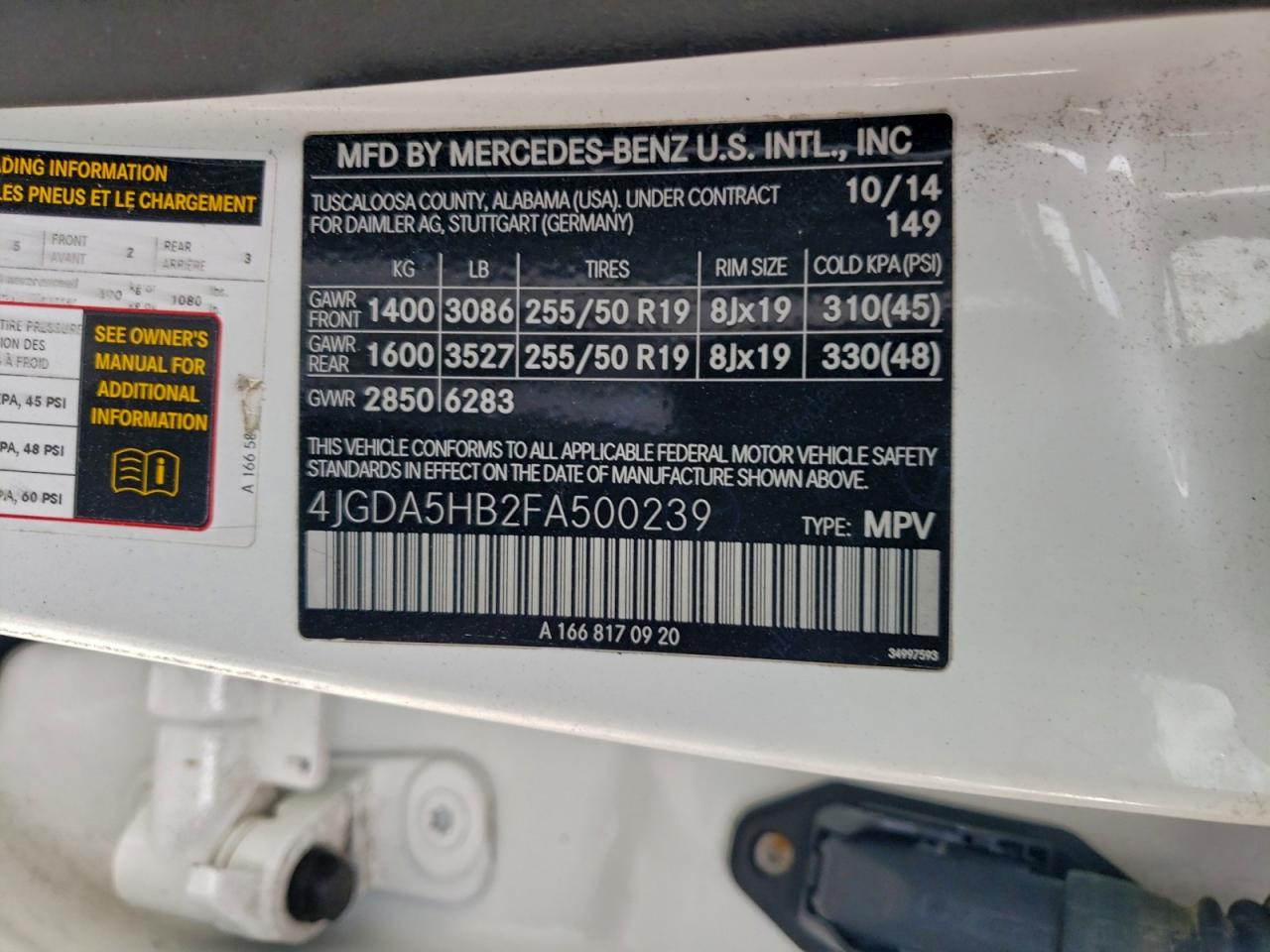 2015 Mercedes-Benz Ml 350 4Matic VIN: 4JGDA5HB2FA500239 Lot: 94500405