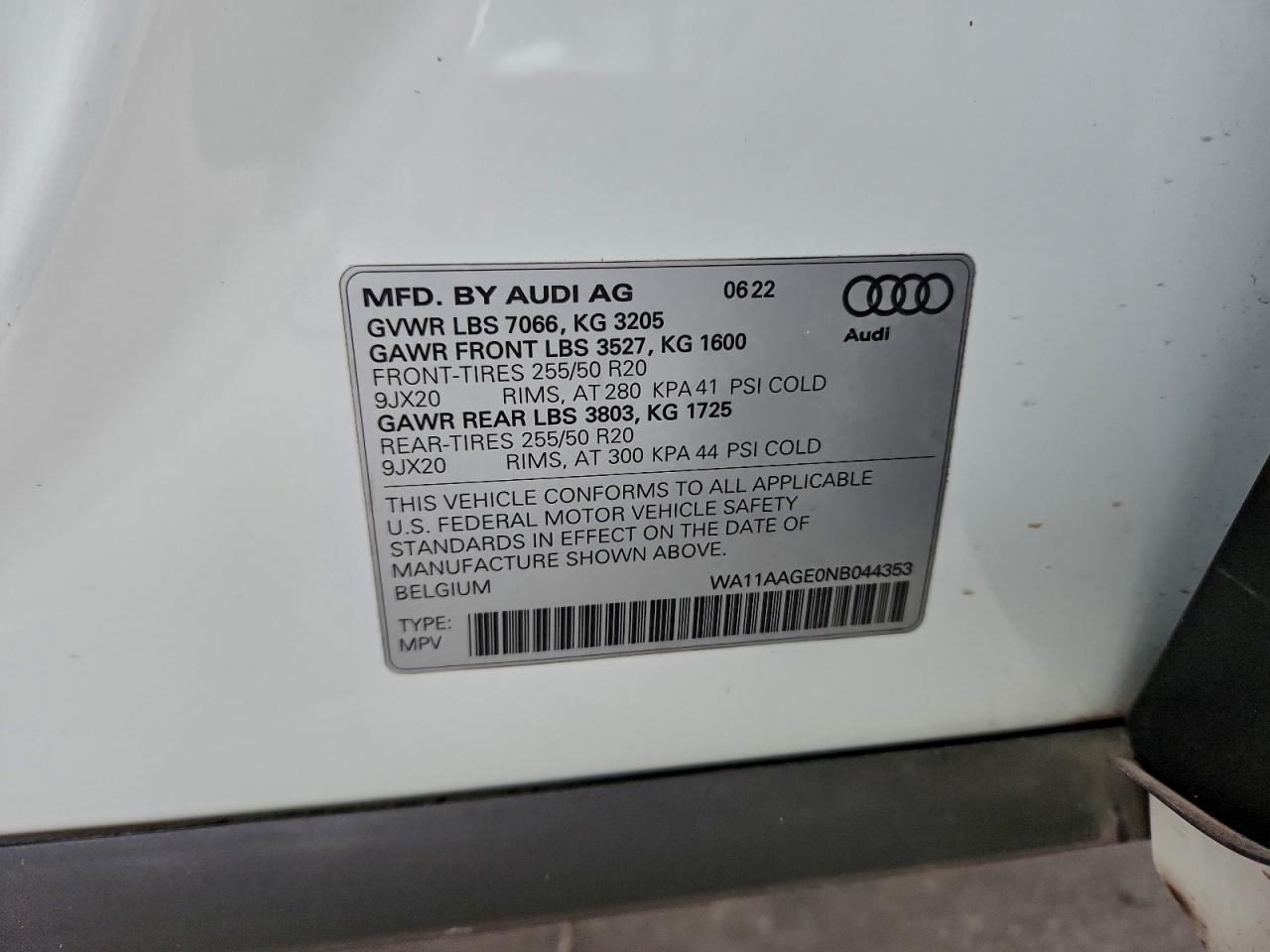 2022 Audi E-Tron Sportback Premium VIN: WA11AAGE0NB044353 Lot: 95632565