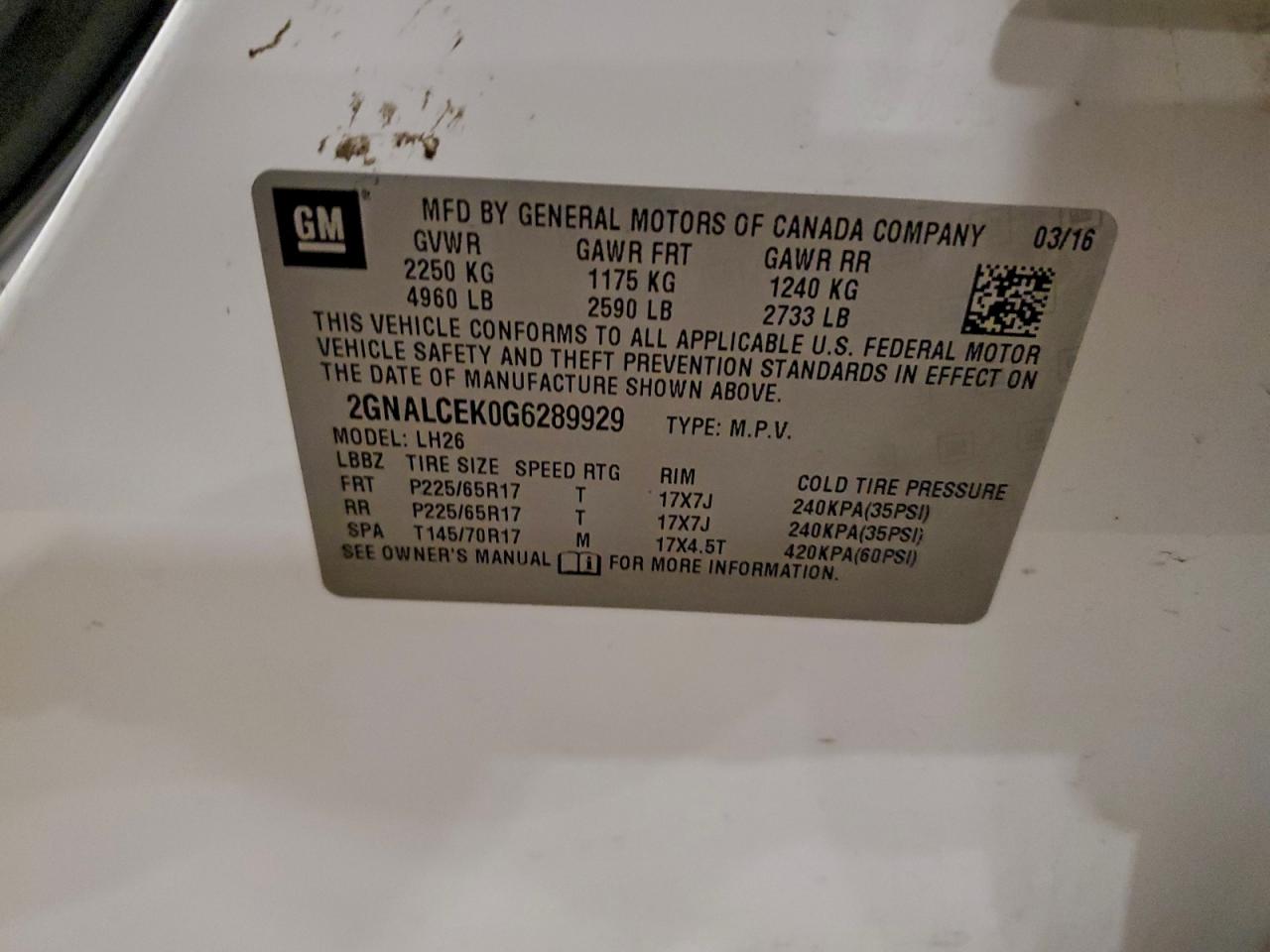 2016 Chevrolet Equinox Lt VIN: 2GNALCEK0G6289929 Lot: 95472505