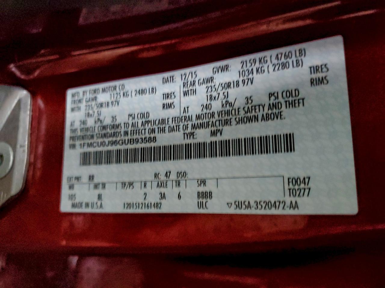 2016 Ford Escape Titanium VIN: 1FMCU0J96GUB93588 Lot: 94730035