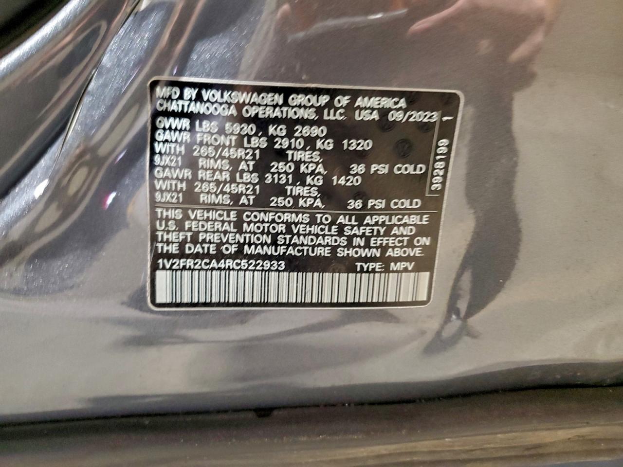 2024 Volkswagen Atlas Sel Premium R-Line VIN: 1V2FR2CA4RC522933 Lot: 94039095