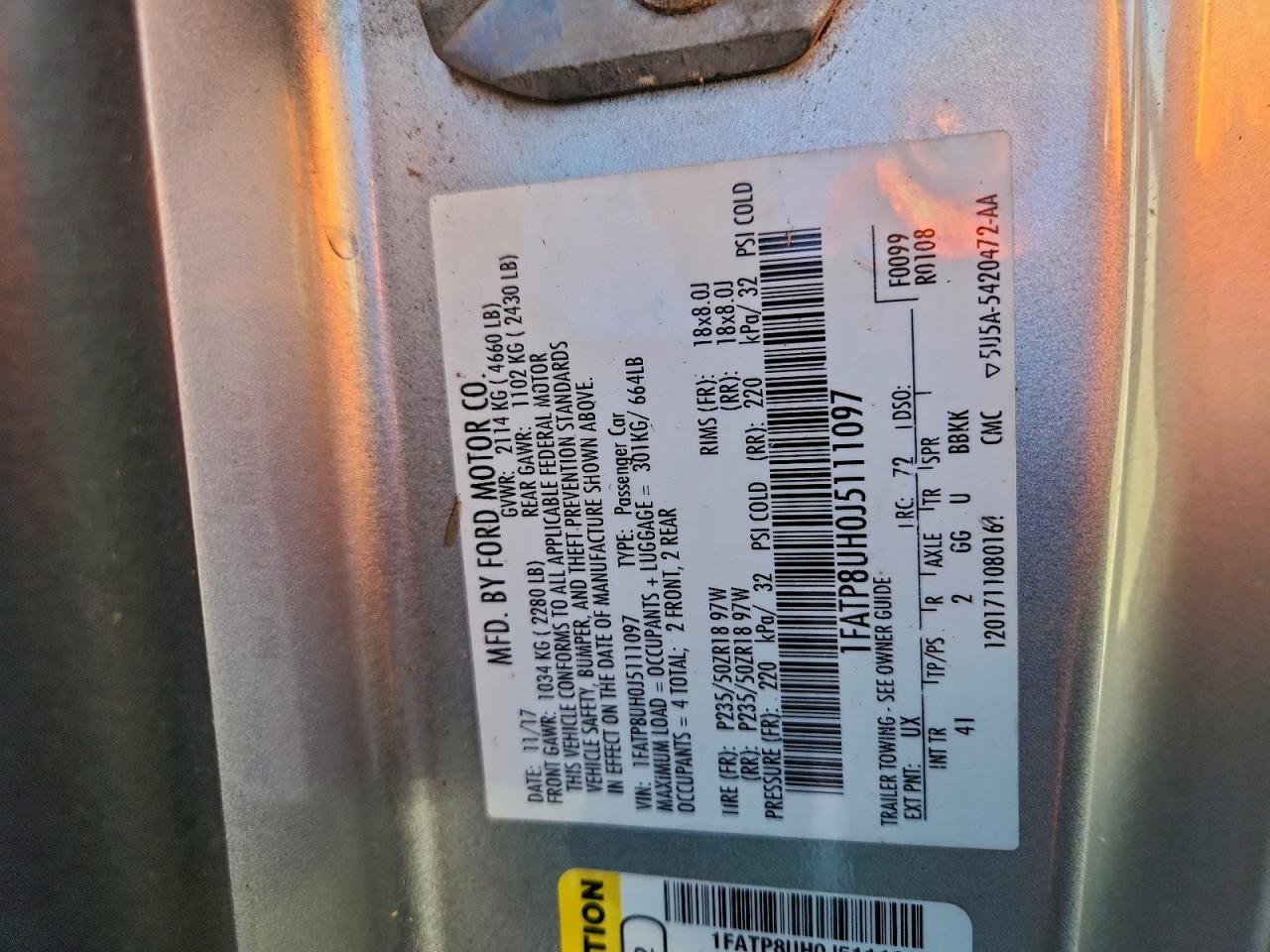 2018 Ford Mustang VIN: 1FATP8UH0J5111097 Lot: 95275485