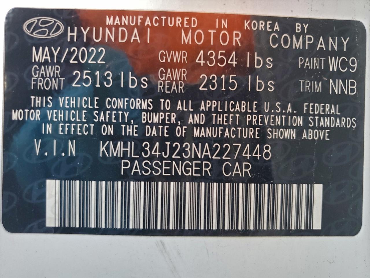 2022 Hyundai Sonata Limited VIN: KMHL34J23NA227448 Lot: 95496145