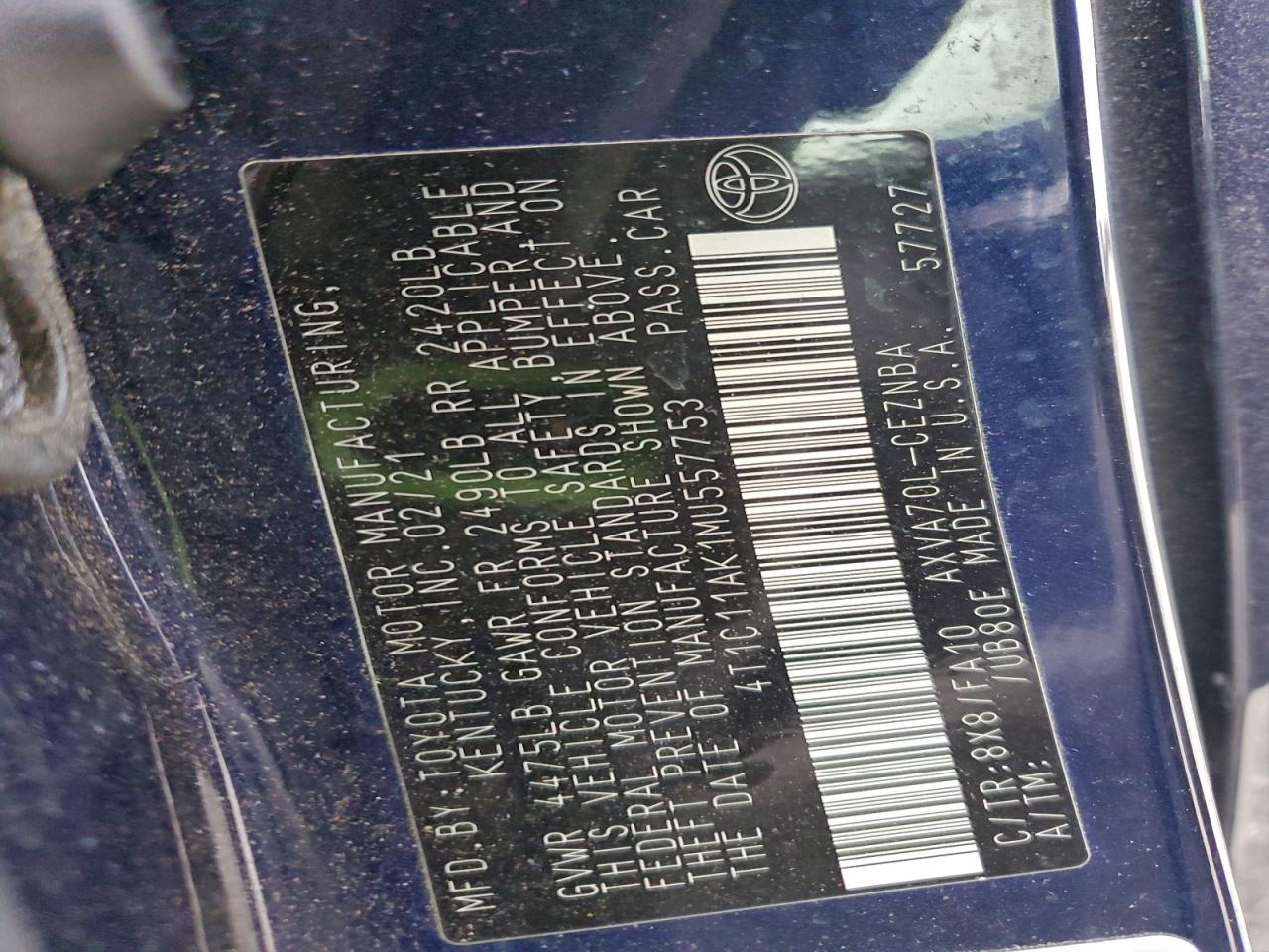 2021 Toyota Camry Le VIN: 4T1C11AK1MU557753 Lot: 96197465