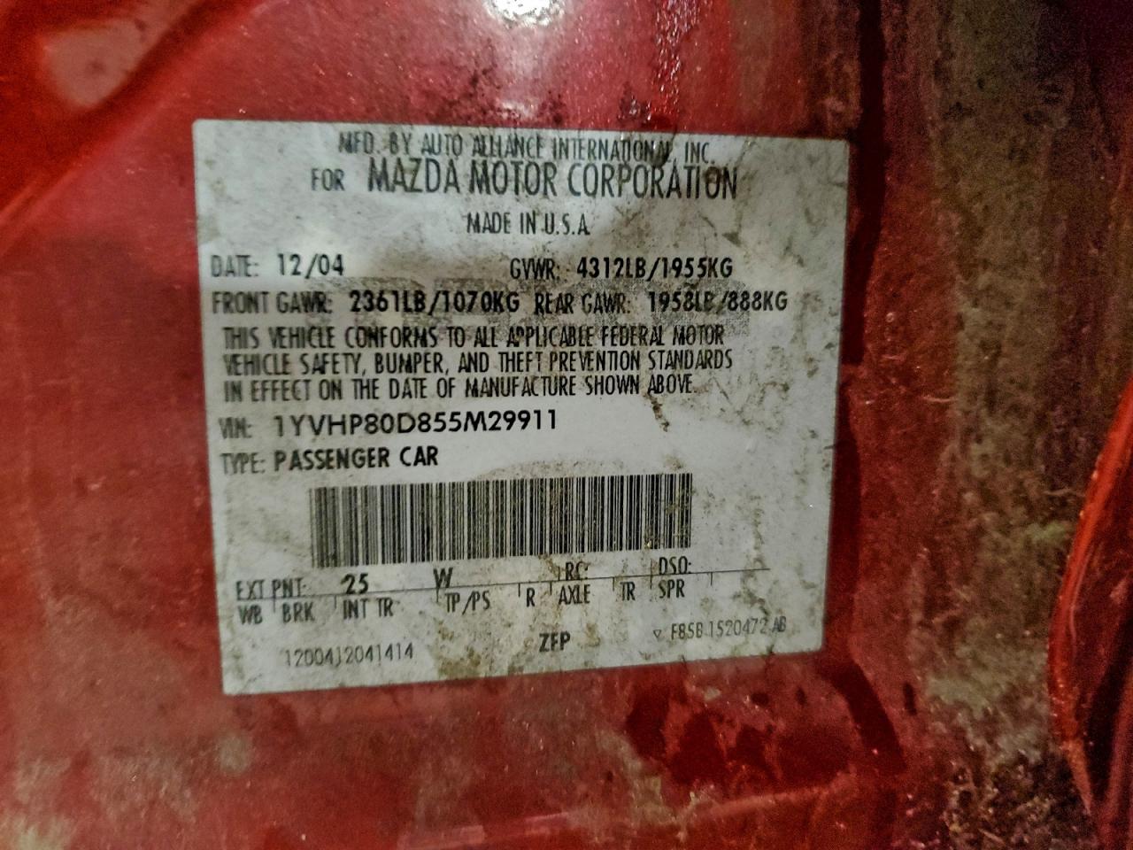 2005 Mazda 6 S VIN: 1YVHP80D855M29911 Lot: 94860375