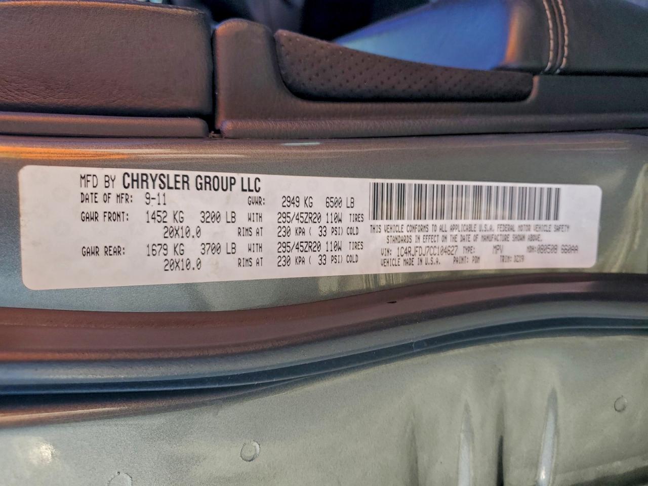 2012 Jeep Grand Cherokee Srt-8 VIN: 1C4RJFDJ7CC104627 Lot: 94927675