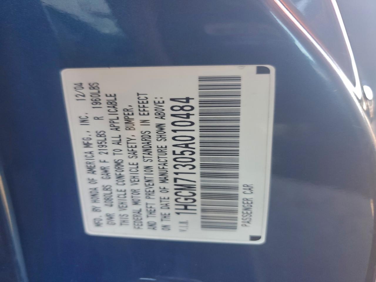 2005 Honda Accord Lx VIN: 1HGCM71305A010484 Lot: 94916385