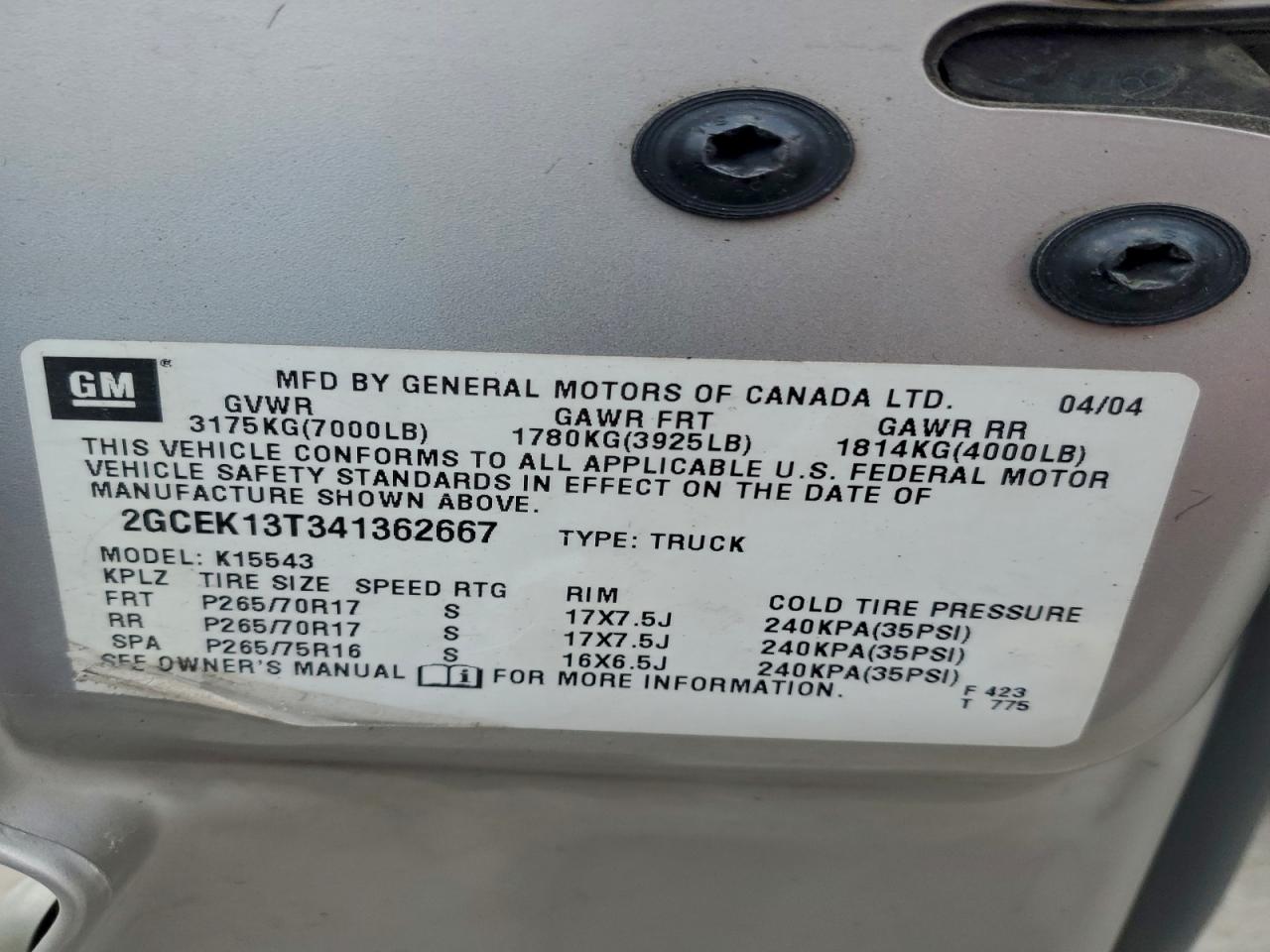 2004 Chevrolet Silverado K1500 VIN: 2GCEK13T341362667 Lot: 94749155