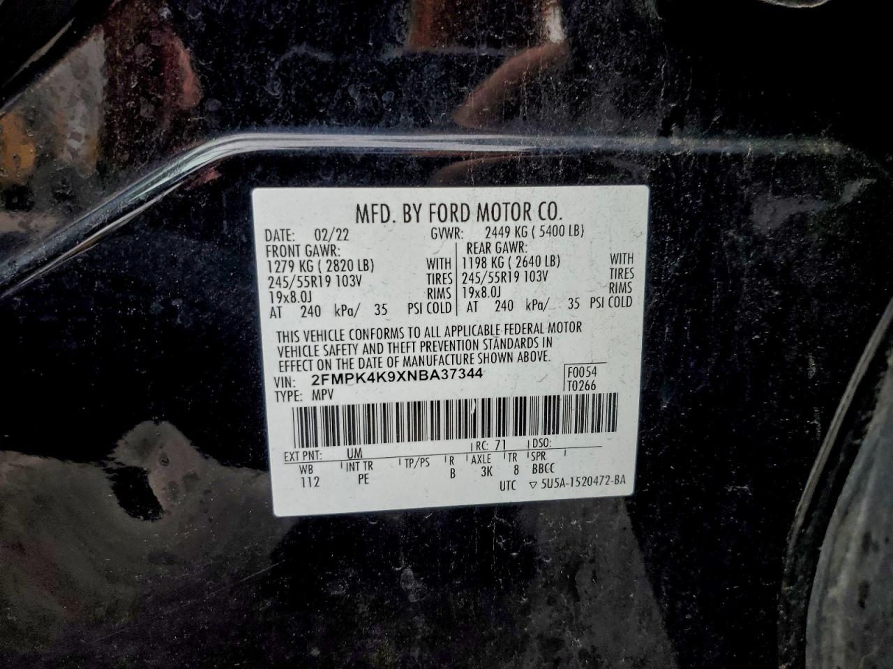 2022 Ford Edge Titanium VIN: 2FMPK4K9XNBA37344 Lot: 96485895