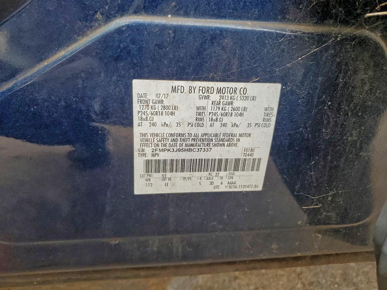 2017 Ford Edge Sel VIN: 2FMPK3J95HBC37337 Lot: 95797555