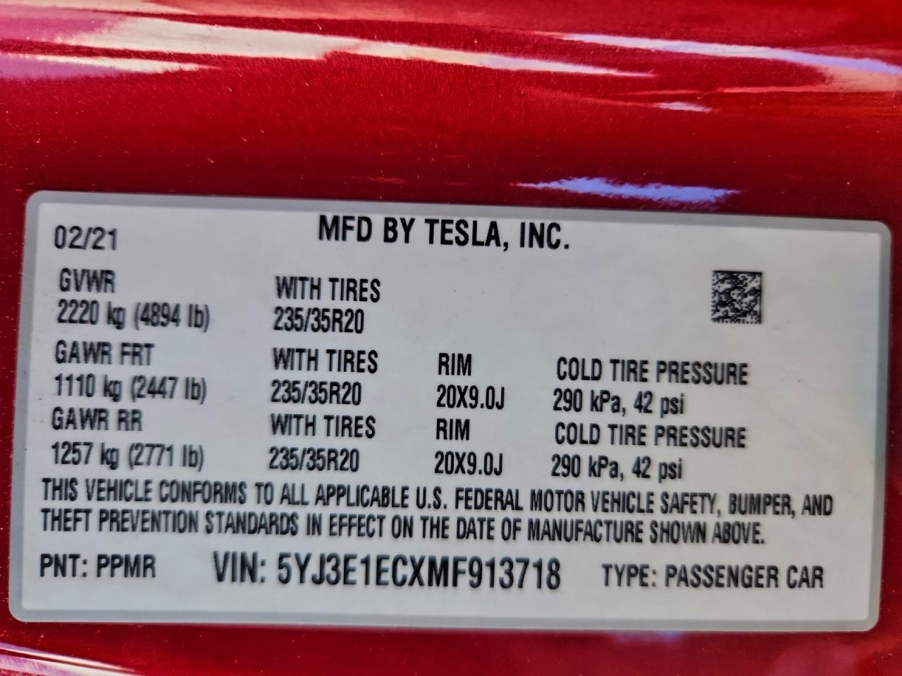 2021 Tesla Model 3 VIN: 5YJ3E1ECXMF913718 Lot: 95115065