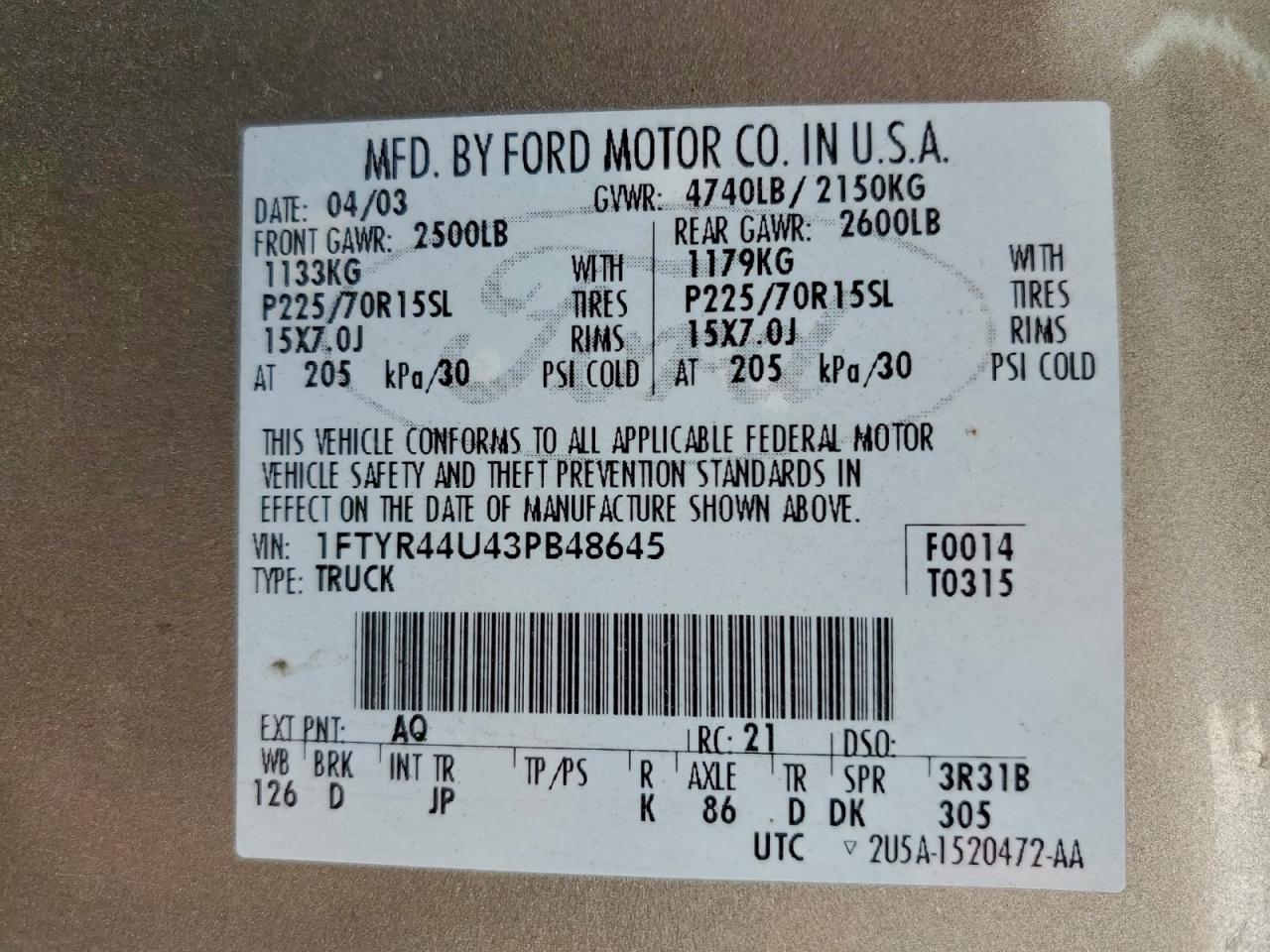 2003 Ford Ranger Super Cab VIN: 1FTYR44U43PB48645 Lot: 94678965