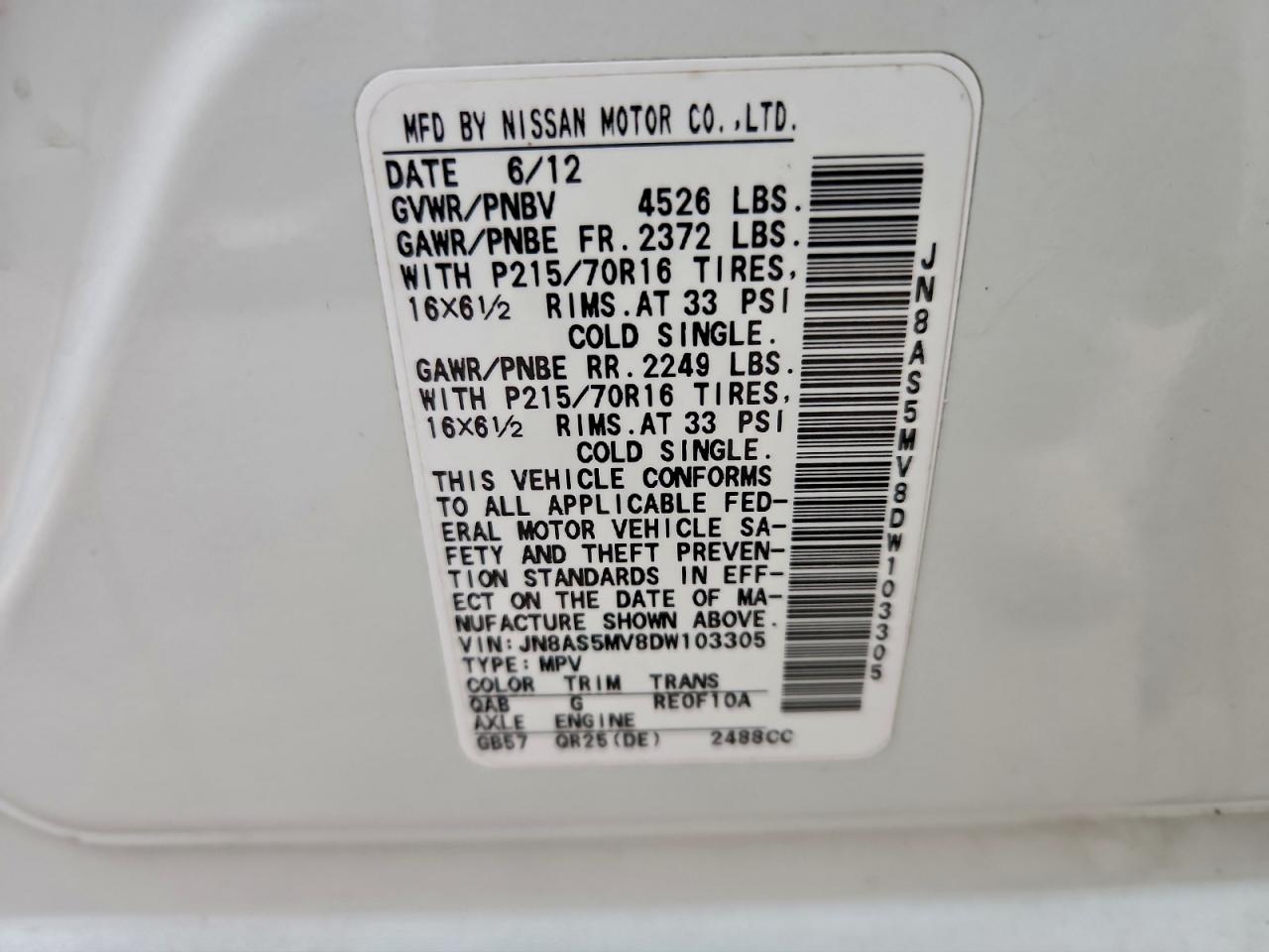 2013 Nissan Rogue S VIN: JN8AS5MV8DW103305 Lot: 95079455