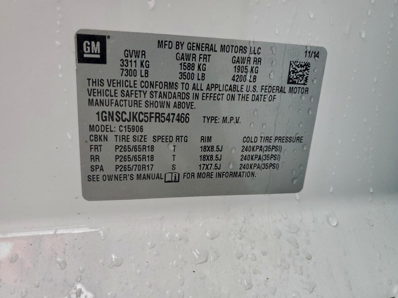 2015 Chevrolet Suburban C1500 Lt VIN: 1GNSCJKC5FR547466 Lot: 95803715