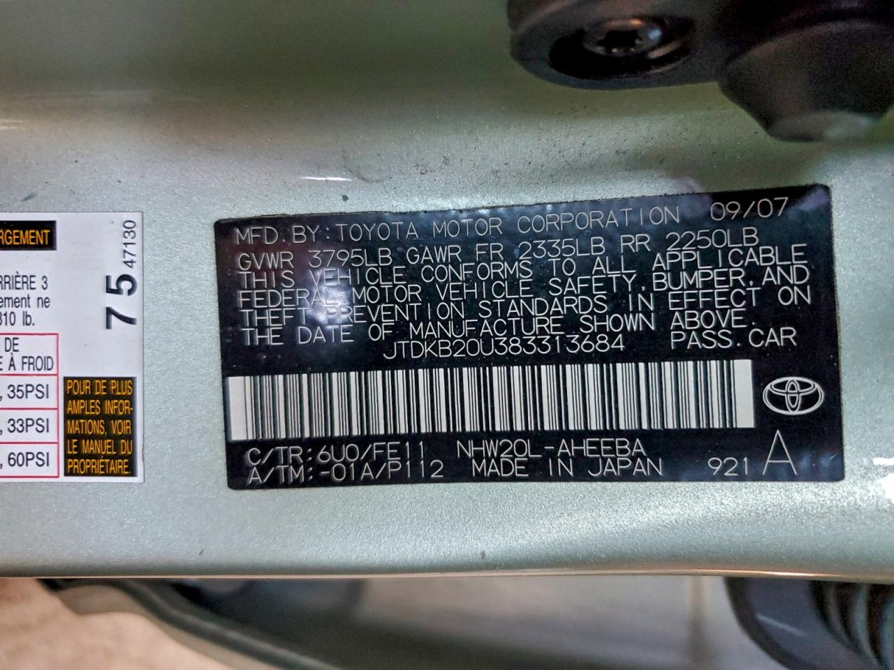 2008 Toyota Prius VIN: JTDKB20U383313684 Lot: 96226495