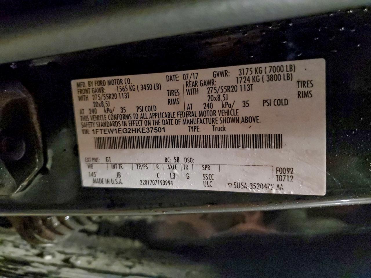 2017 Ford F150 Supercrew VIN: 1FTEW1EG2HKE37501 Lot: 94893965