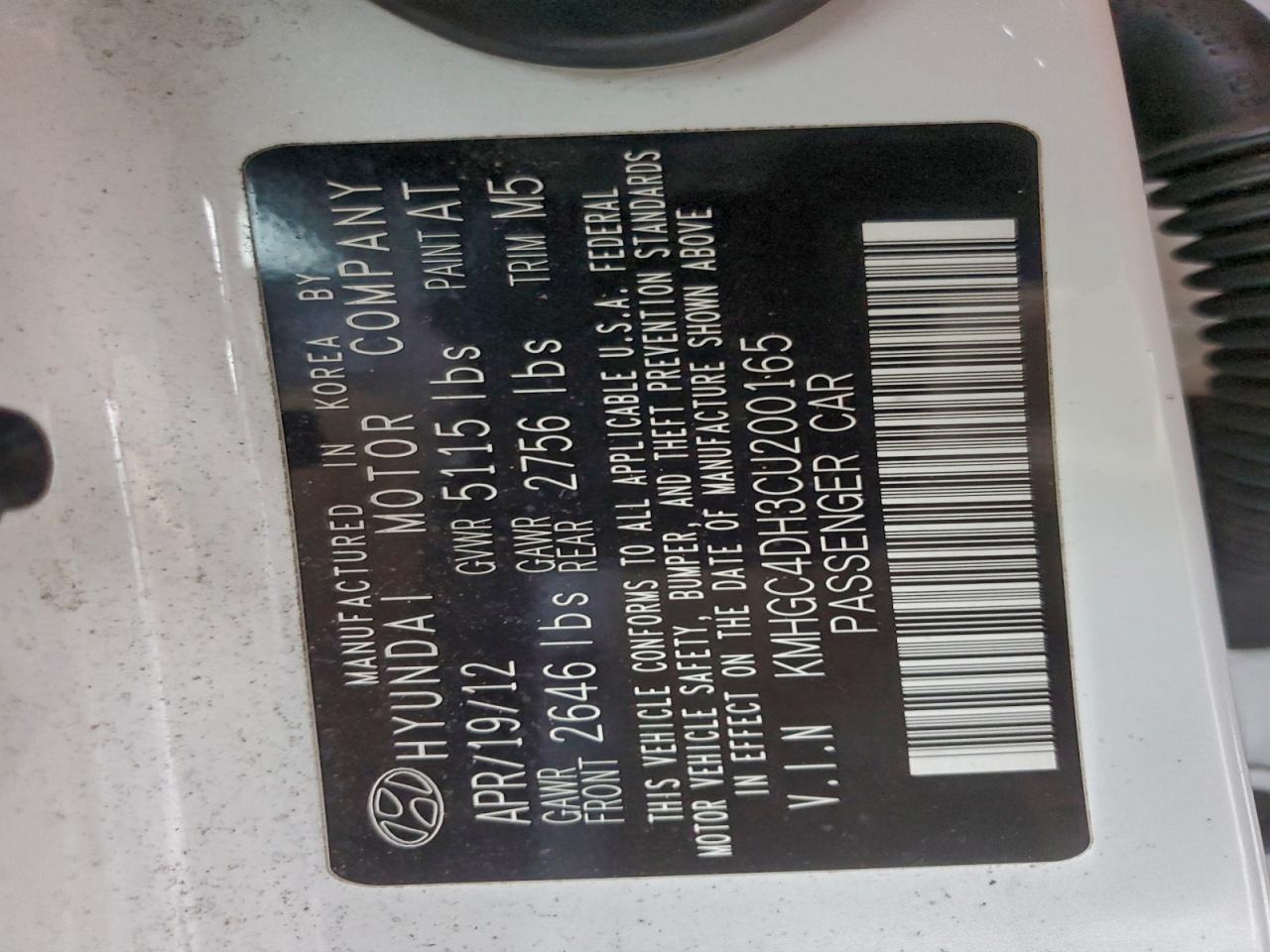 2012 Hyundai Genesis 5.0L VIN: KMHGC4DH3CU200165 Lot: 92070485