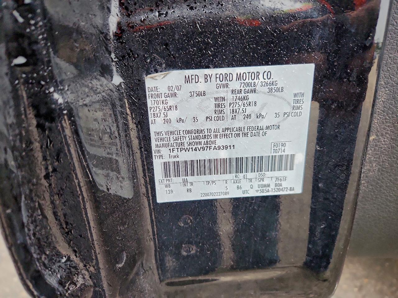 2007 Ford F150 Supercrew VIN: 1FTPW14V97FA93911 Lot: 94999565