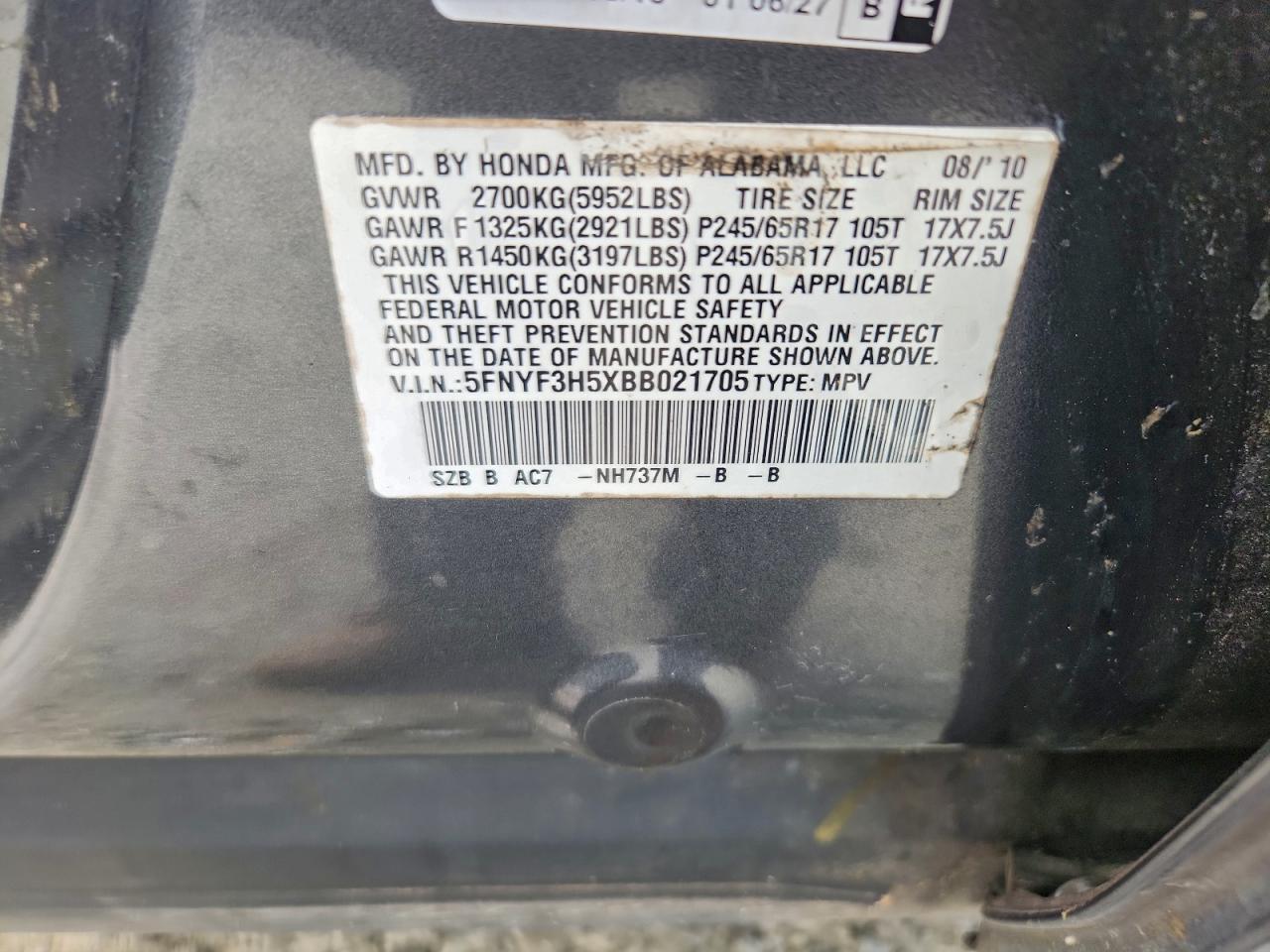 2011 Honda Pilot Exl VIN: 5FNYF3H5XBB021705 Lot: 94499595