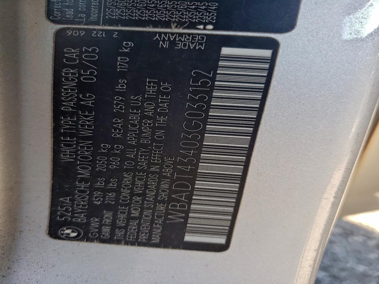 2003 BMW 525 I Automatic VIN: WBADT43403G033152 Lot: 94594175