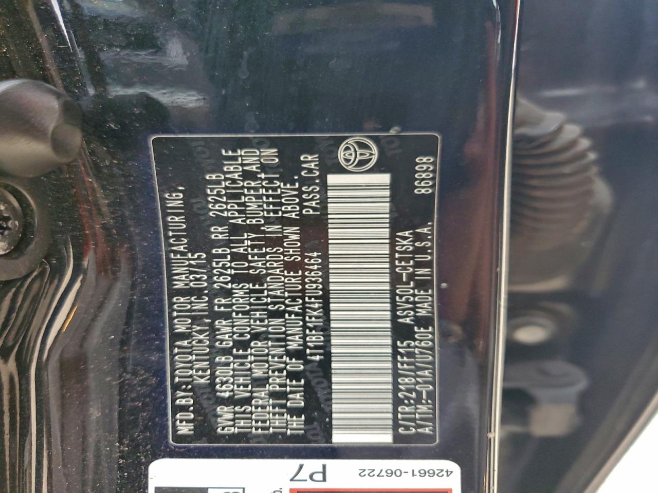 2015 Toyota Camry Le VIN: 4T1BF1FK4FU936464 Lot: 94808135