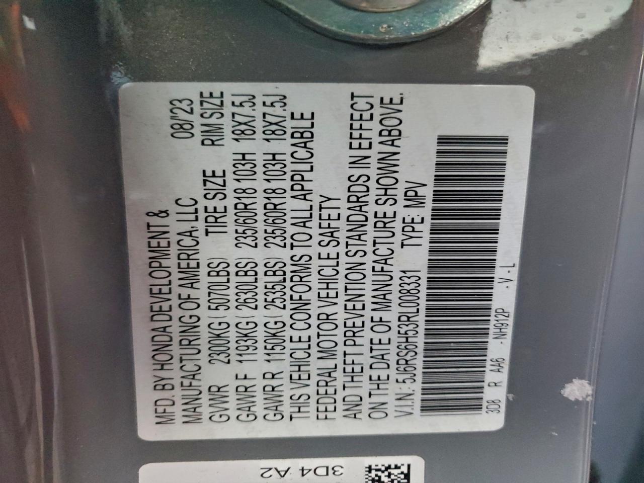 2024 Honda Cr-V Sport VIN: 5J6RS6H53RL008331 Lot: 97596095