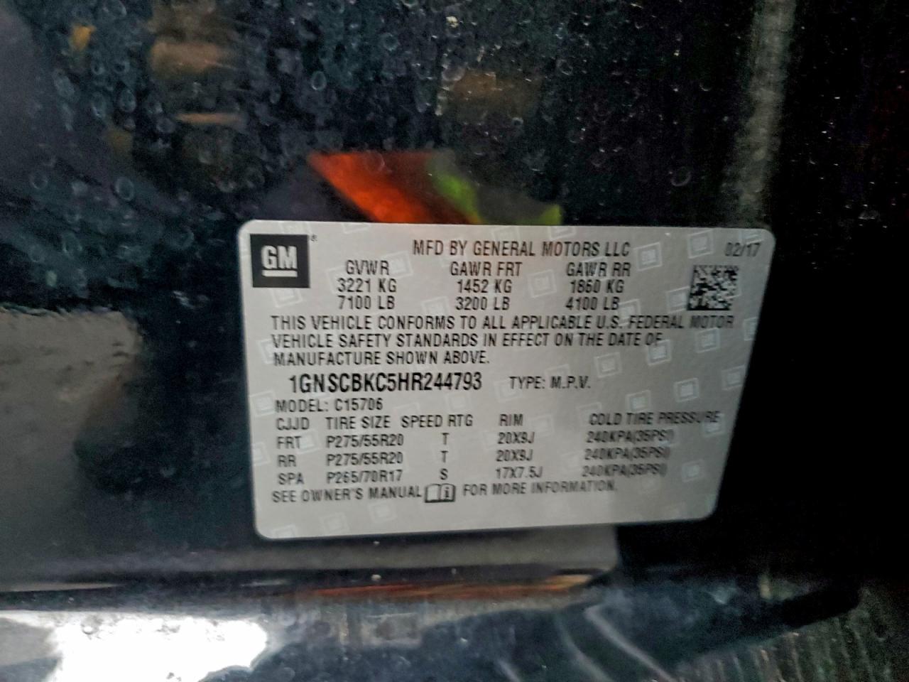 2017 Chevrolet Tahoe C1500 Lt VIN: 1GNSCBKC5HR244793 Lot: 96601915