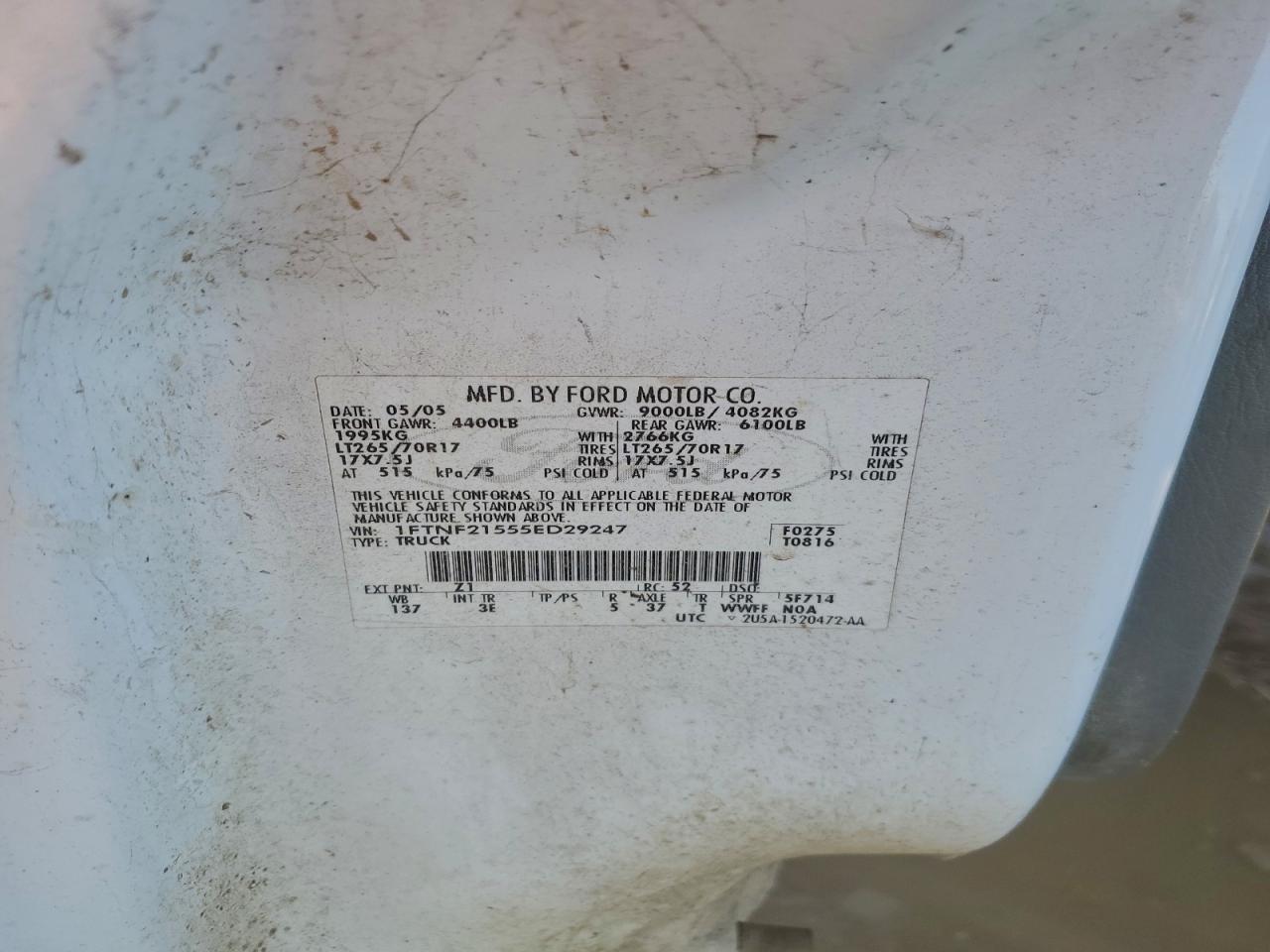 2005 Ford F250 Super Duty VIN: 1FTNF21555ED29247 Lot: 96234555