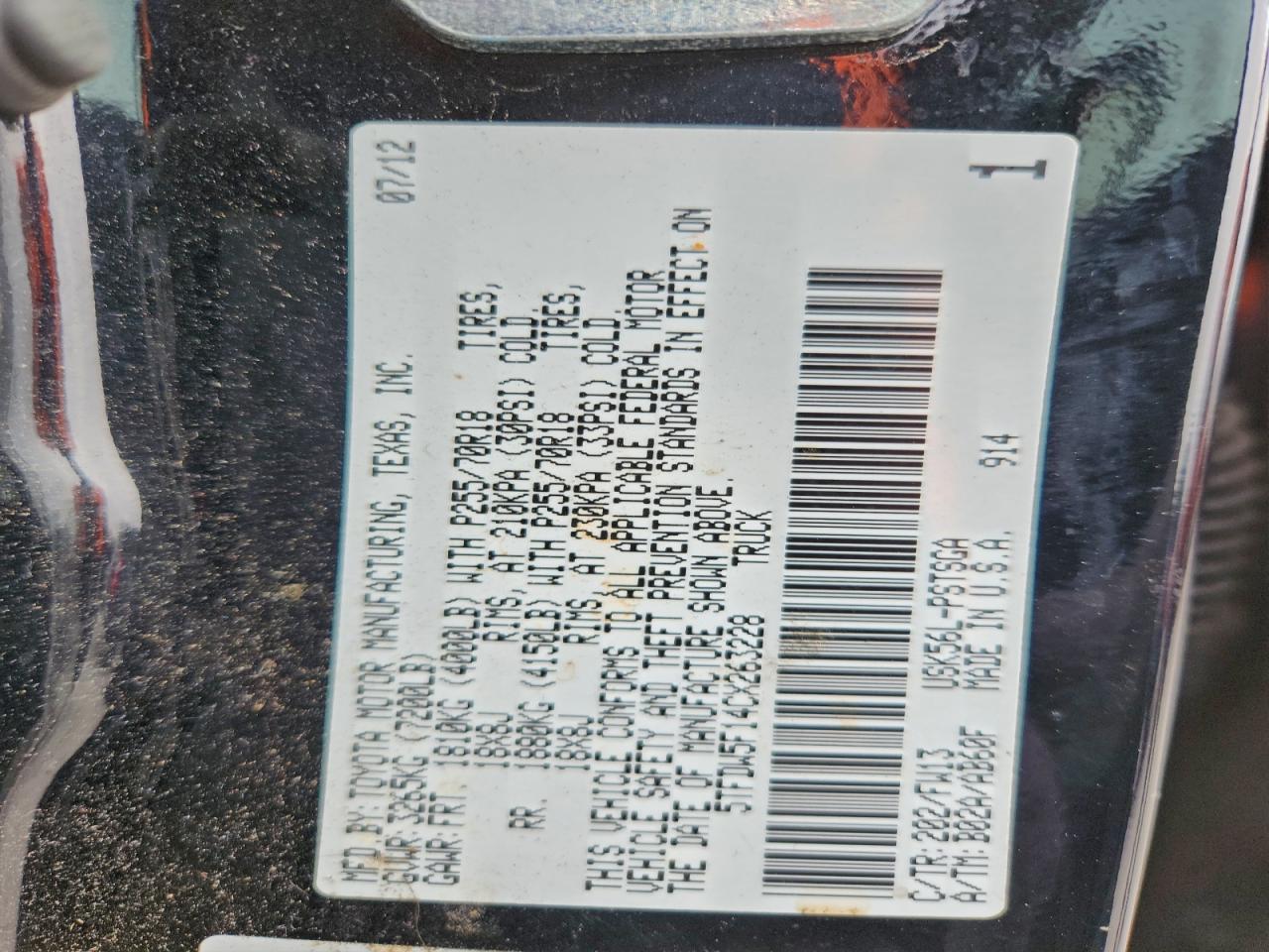 2012 Toyota Tundra Crewmax Sr5 VIN: 5TFDW5F14CX263228 Lot: 95369665