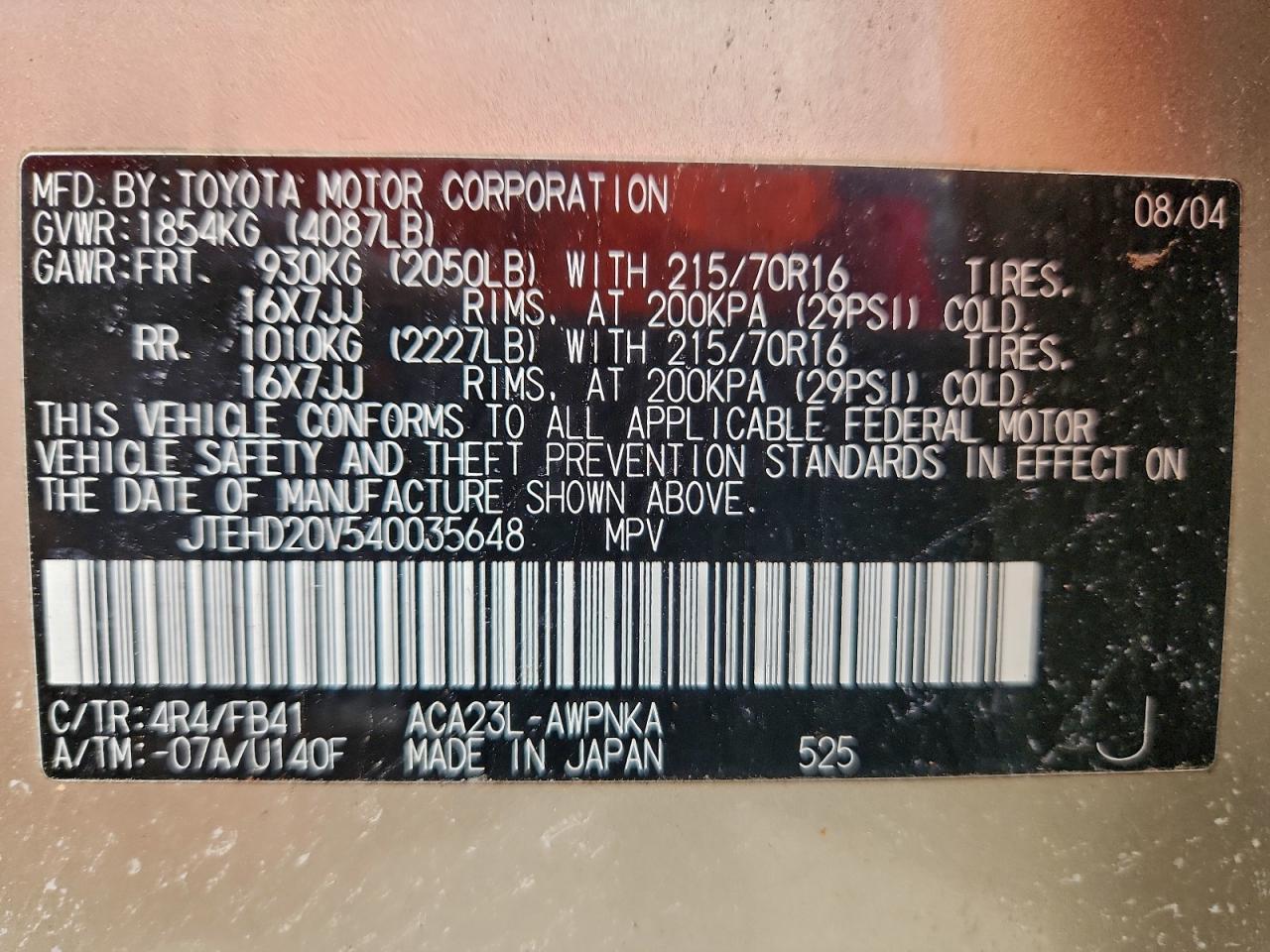 2004 Toyota Rav4 VIN: JTEHD20V540035648 Lot: 95808185