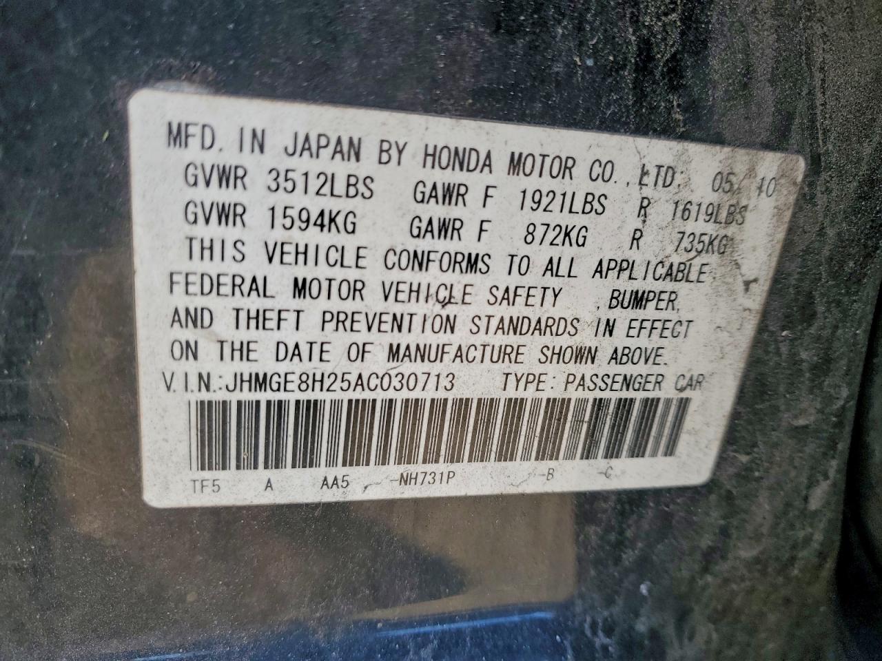 2010 Honda Fit VIN: JHMGE8H25AC030713 Lot: 96187595