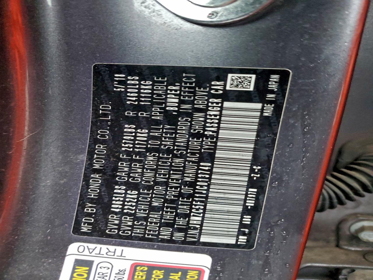 2018 Honda Clarity VIN: JHMZC5F11JC013740 Lot: 95881765