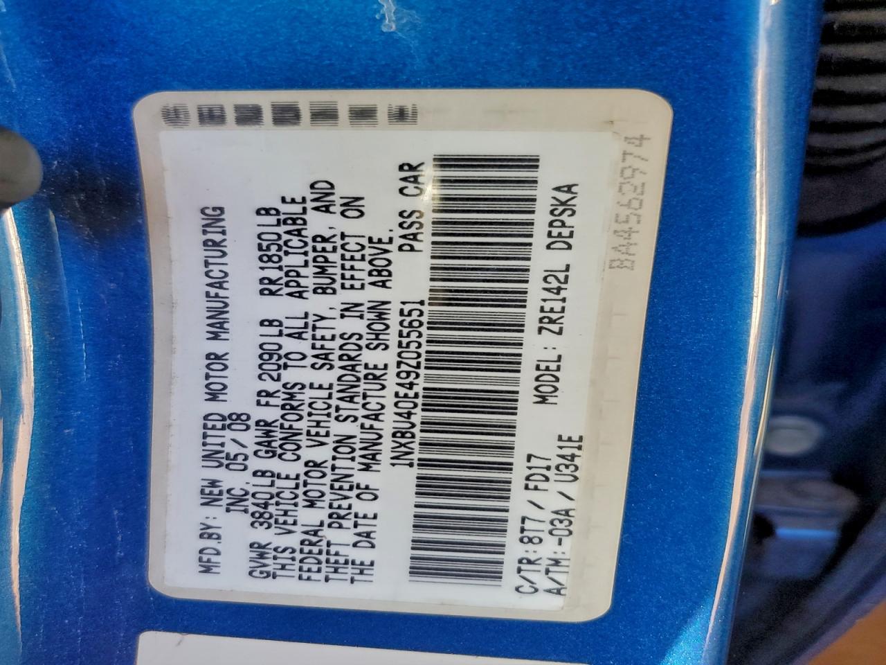 2009 Toyota Corolla Base VIN: 1NXBU40E49Z055651 Lot: 93281265