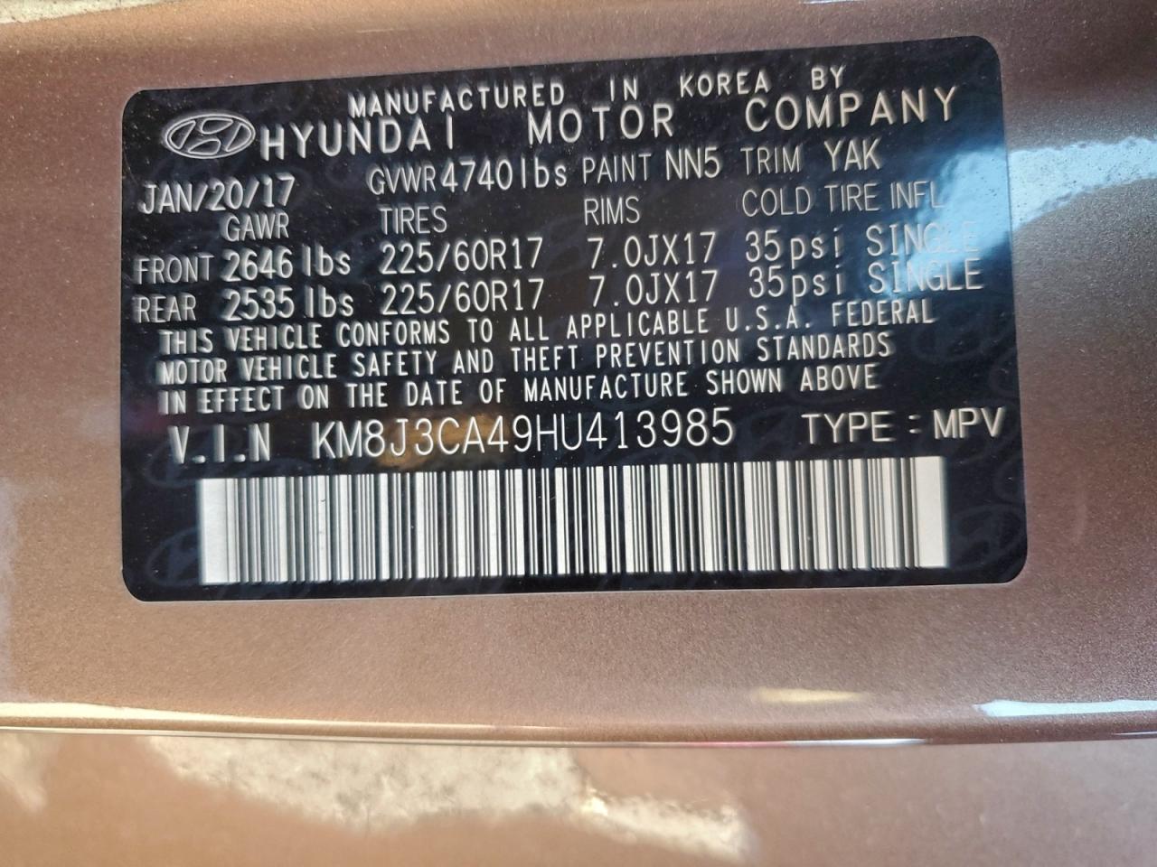 2017 Hyundai Tucson Limited VIN: KM8J3CA49HU413985 Lot: 96599765