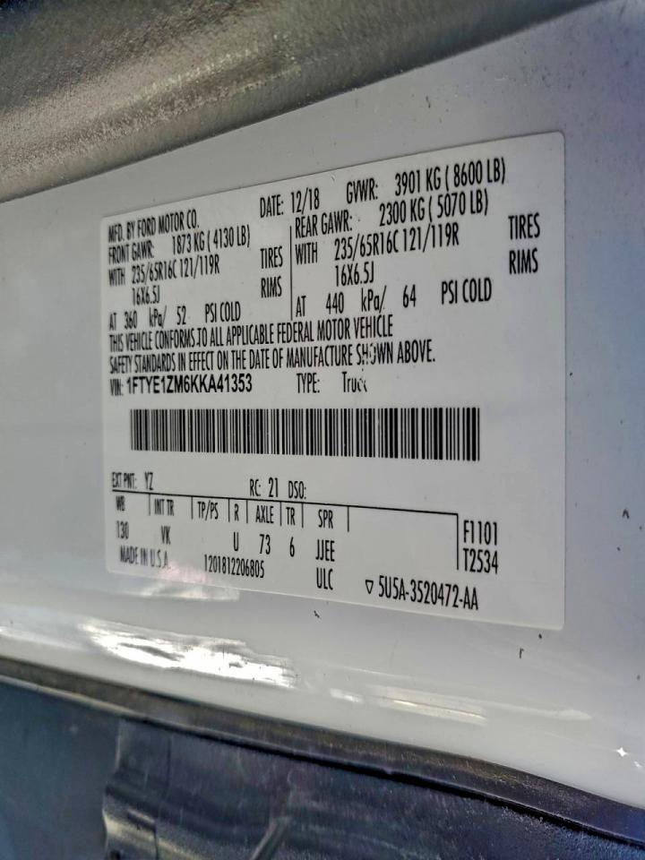 2019 Ford Transit 150 Delivery Van VIN: 1FTYE1ZM6KKA41353 Lot: 92489875