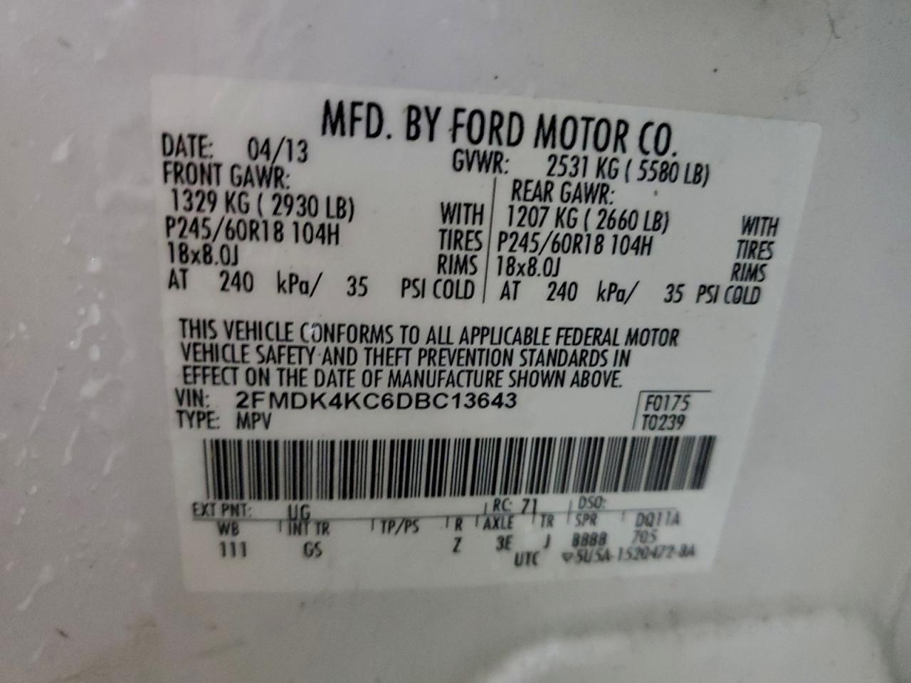 2013 Ford Edge Limited VIN: 2FMDK4KC6DBC13643 Lot: 95418285