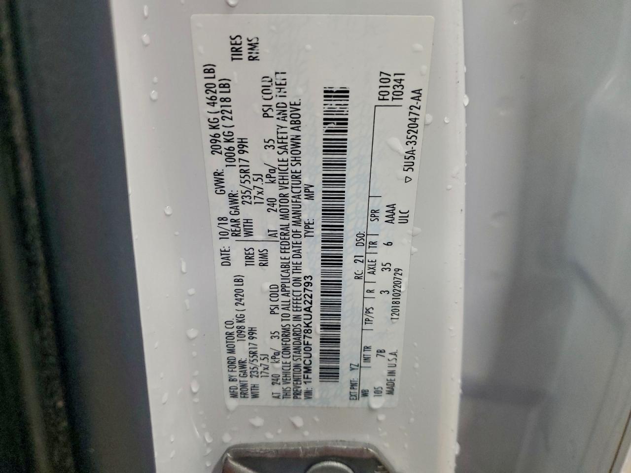 2019 Ford Escape S VIN: 1FMCU0F78KUA22793 Lot: 94722635