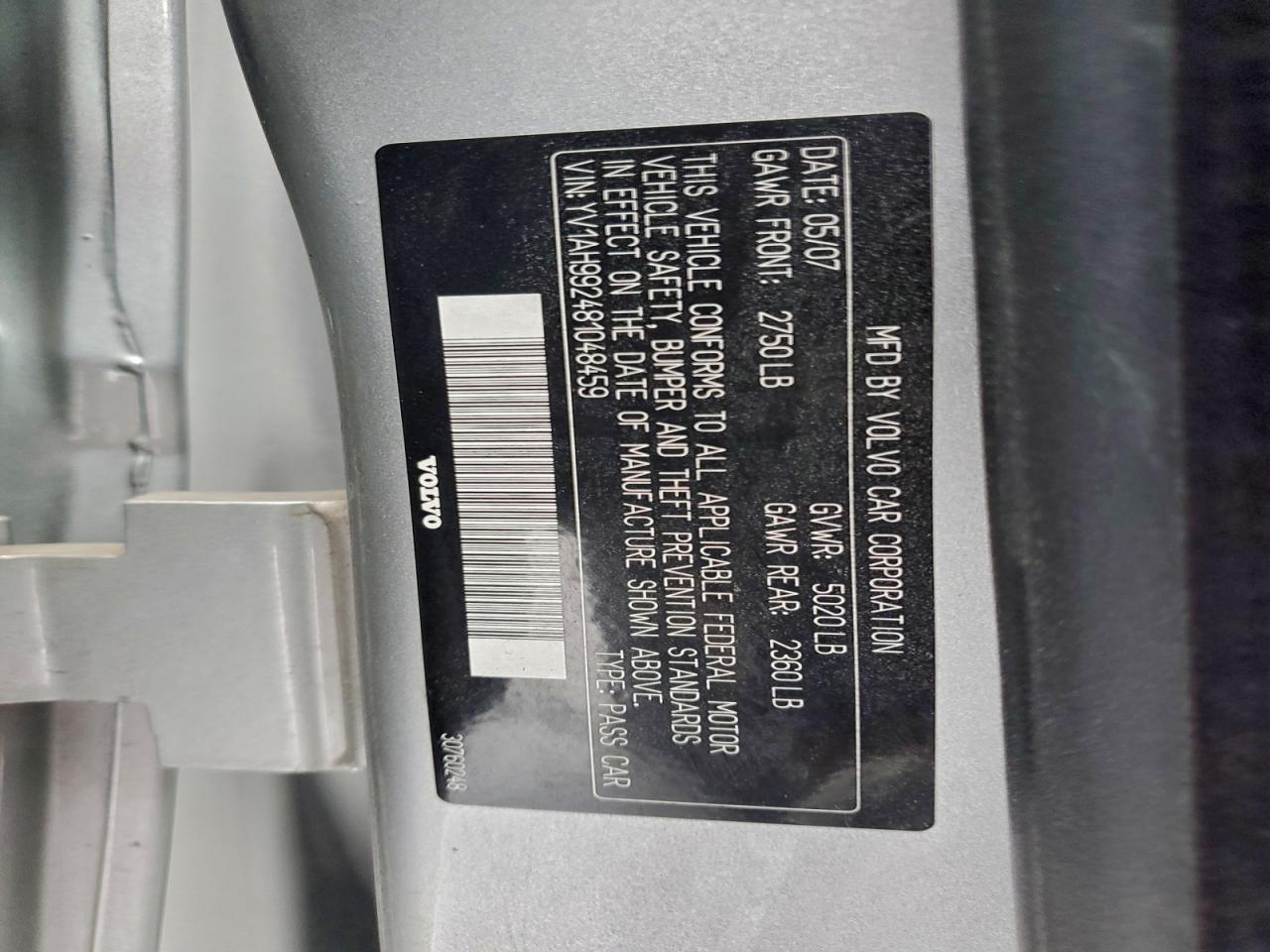 2008 Volvo S80 T6 Turbo VIN: YV1AH992481048459 Lot: 94780885