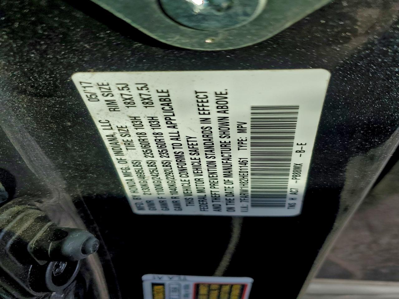 2017 Honda Cr-V Exl VIN: 7FARW1H82HE011461 Lot: 94931535