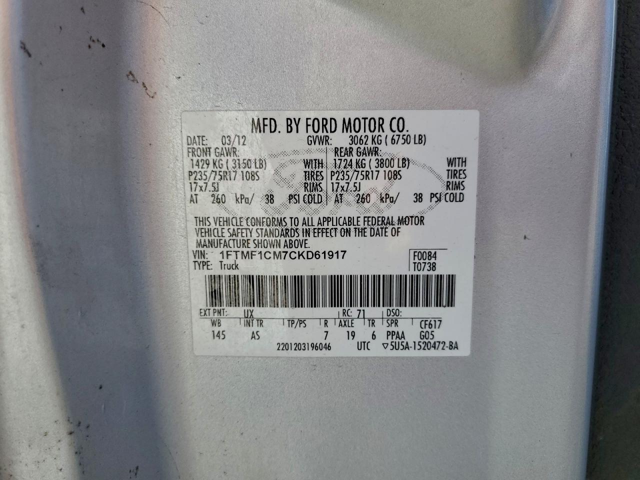 2012 Ford F150 VIN: 1FTMF1CM7CKD61917 Lot: 94781915