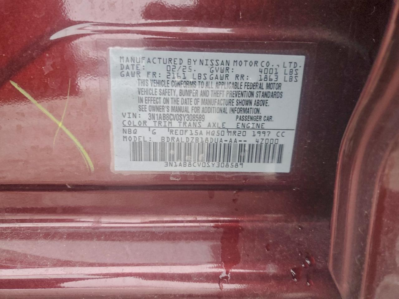 2025 Nissan Sentra Sv VIN: 3N1AB8CV0SY308589 Lot: 94864395