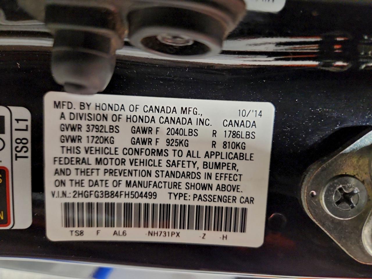 2015 Honda Civic Ex VIN: 2HGFG3B84FH504499 Lot: 94285795