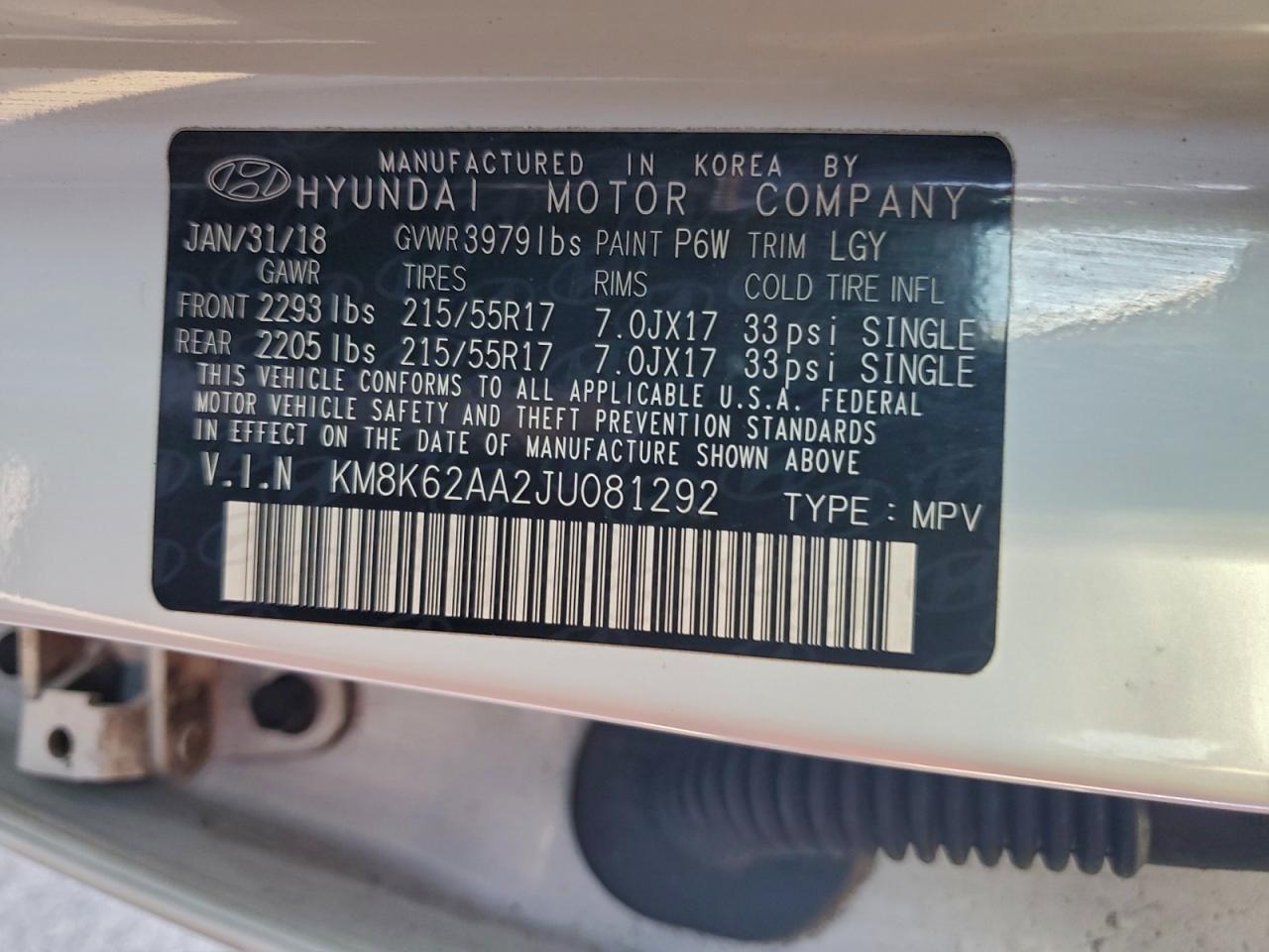 2018 Hyundai Kona Sel VIN: KM8K62AA2JU081292 Lot: 95036005