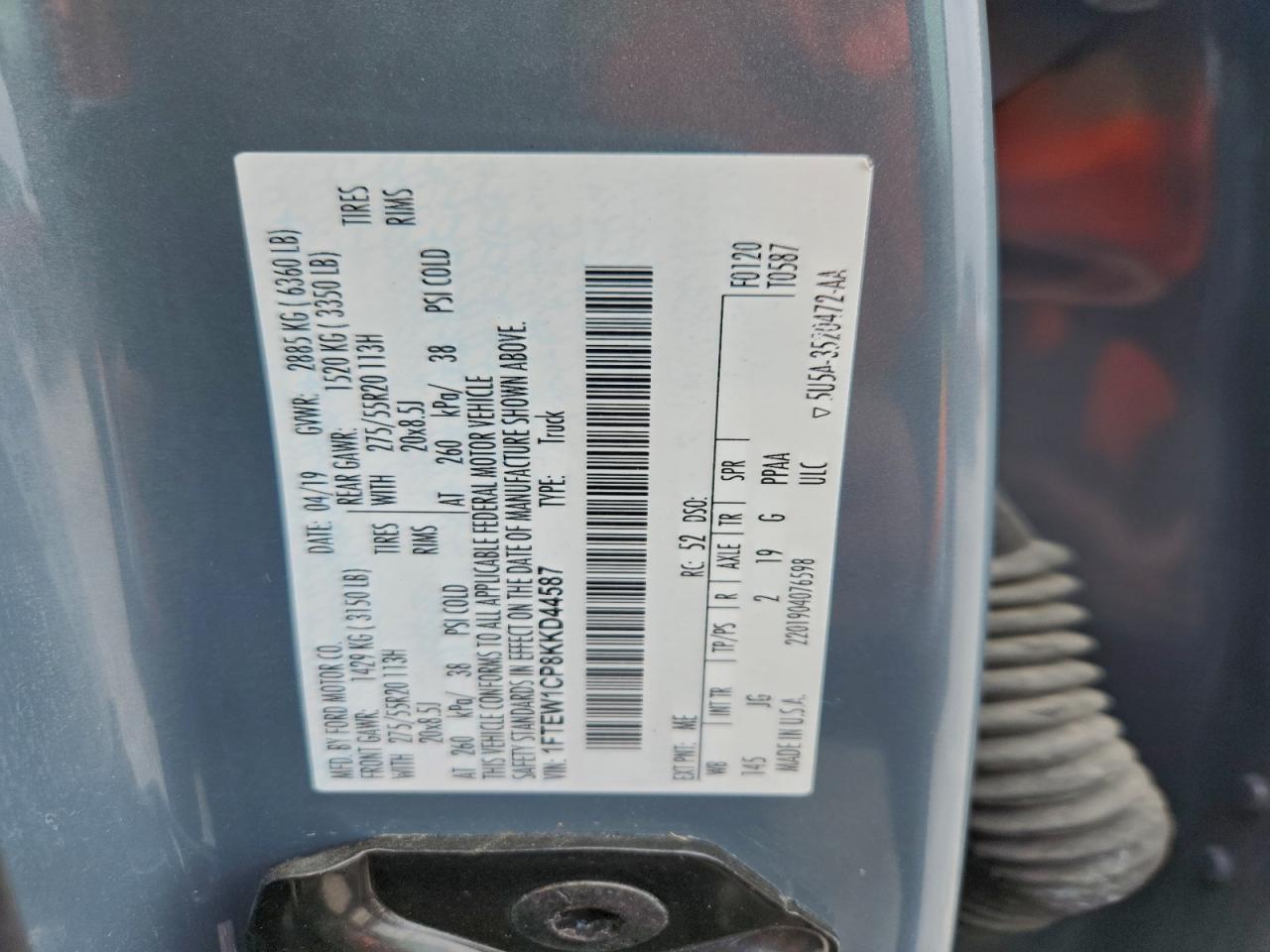 2019 Ford F150 Supercrew VIN: 1FTEW1CP8KKD44587 Lot: 95958285