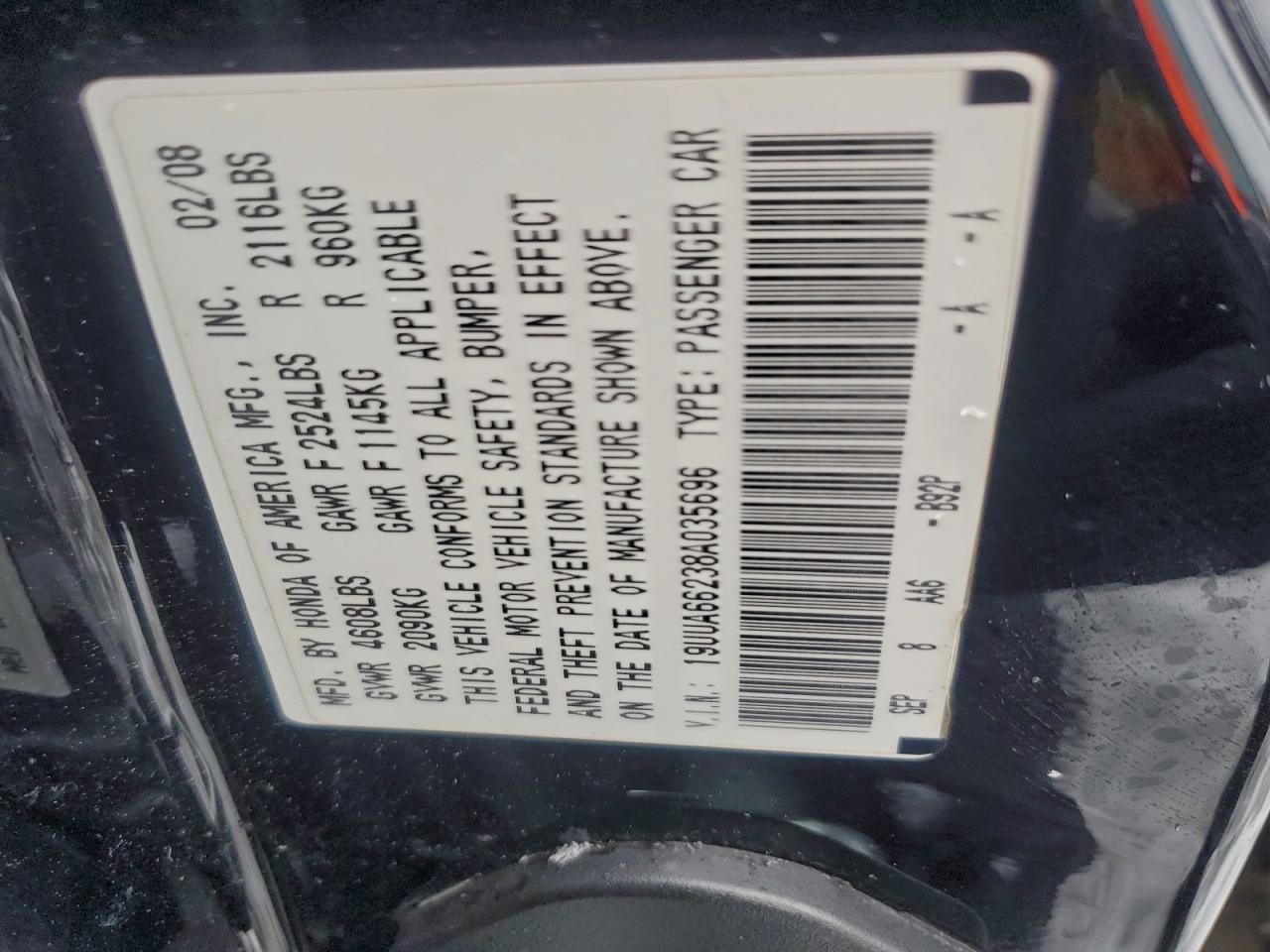 2008 Acura Tl VIN: 19UUA66238A035696 Lot: 95431835